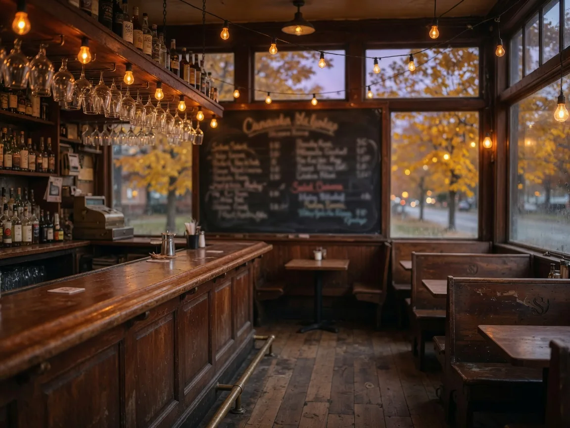Warm historic tavern interior with a worn wooden bar and dark wood booths, the style of the 1743 Blue Bell Inn