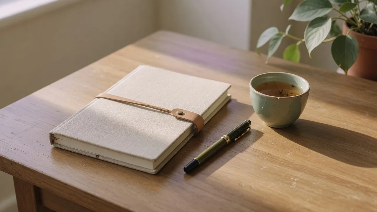 A closed linen-bound notebook and a fine pen on a warm wooden desk beside a small ceramic cup in soft morning light