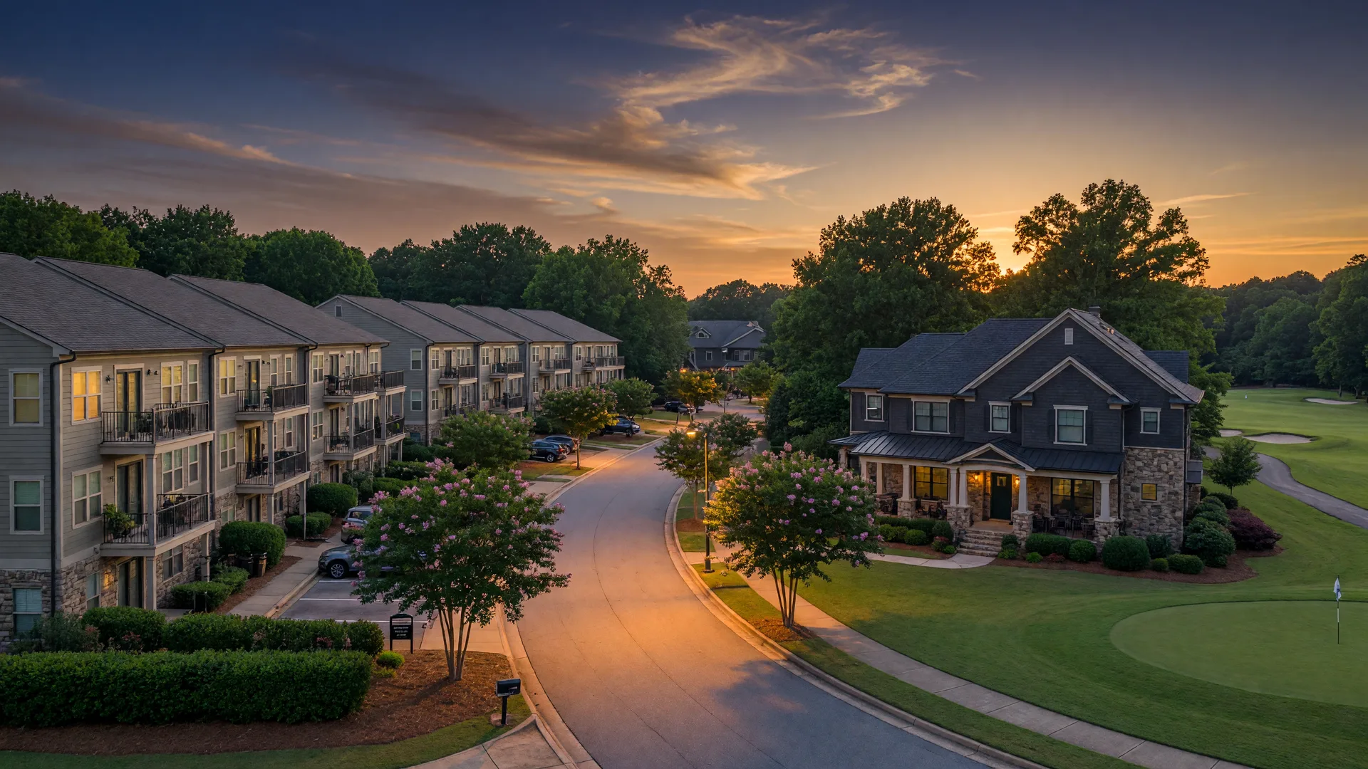 Golden hour scene in Northeast Metro Atlanta showing a rental townhome complex on one side of a tree-lined street and a luxury craftsman home beside a golf course fairway on the other, illustrating the 2026 rent versus buy decision