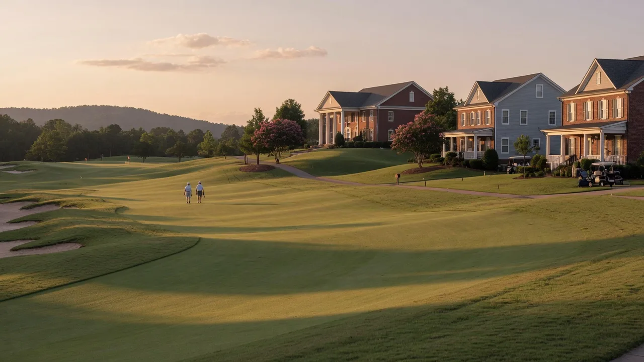 Golden hour view of the Apalachee Farms golf course community in Dacula Georgia with a stately clubhouse and homes in the distance