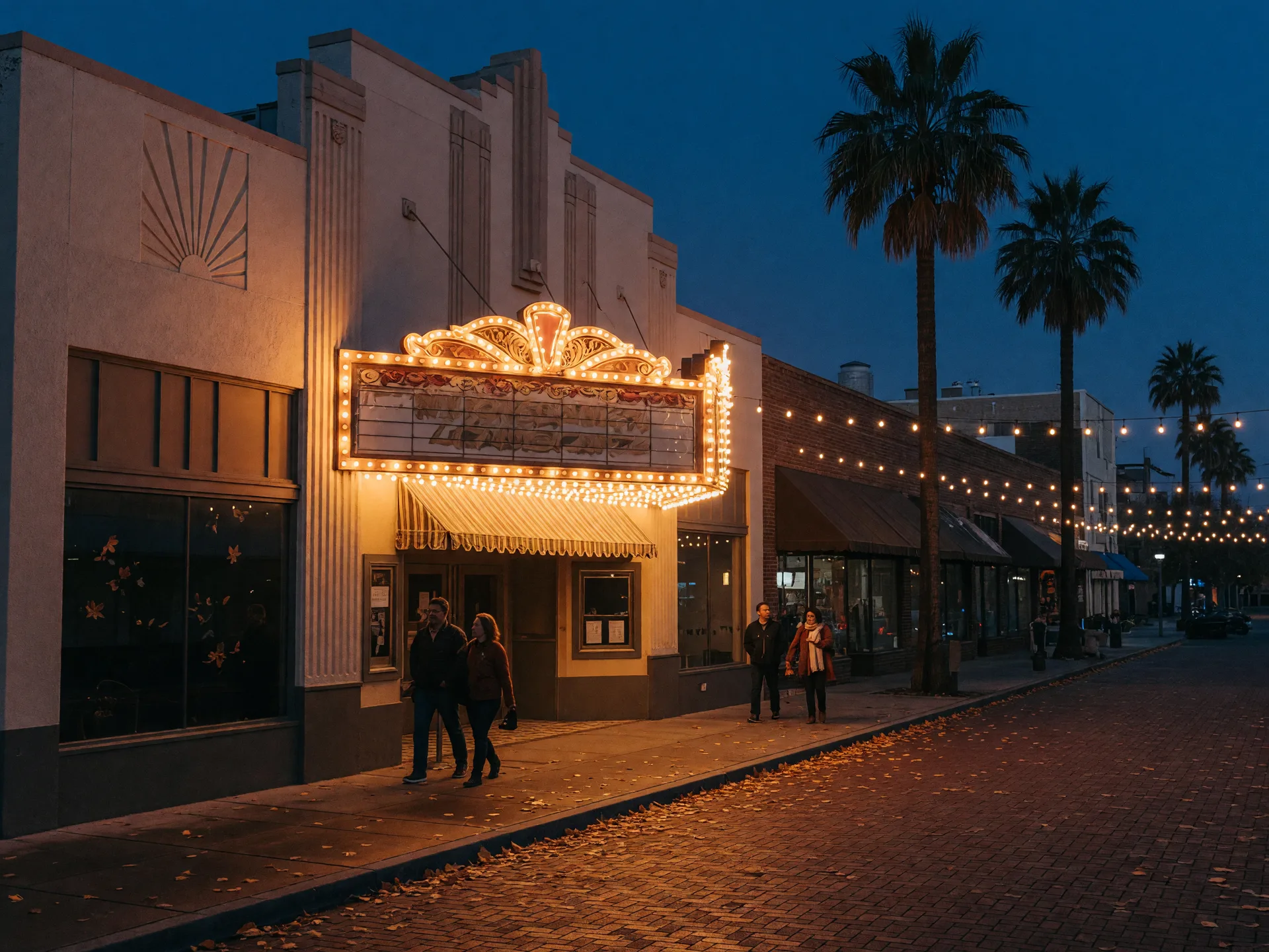 A restored historic movie theatre in downtown Merced at night, its glowing vintage marquee lighting the brick street with evening patrons on the sidewalk under string lights and palm trees silhouetted against a clear autumn sky