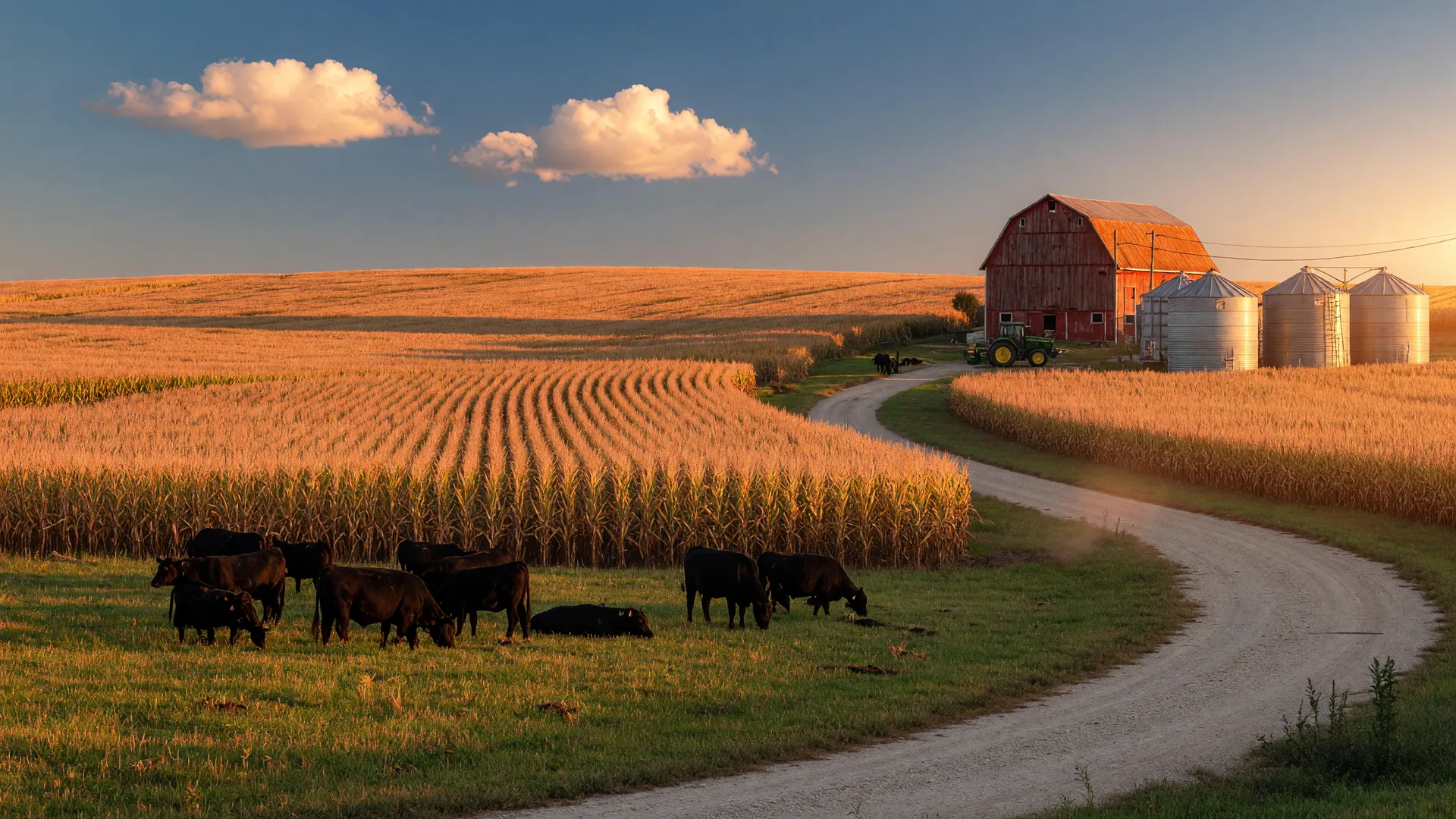 Cinematic panoramic view of a diversified Wisconsin farm in early-September golden hour with angus cattle grazing pasture, standing corn, and an amber wheat field on a low rise