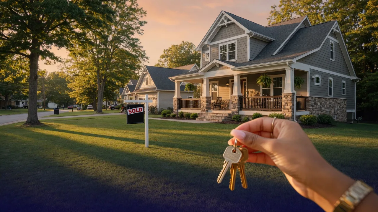 A modern new construction craftsman home in Virginia at golden hour with a Sold sign and keys, representing the closing day celebration