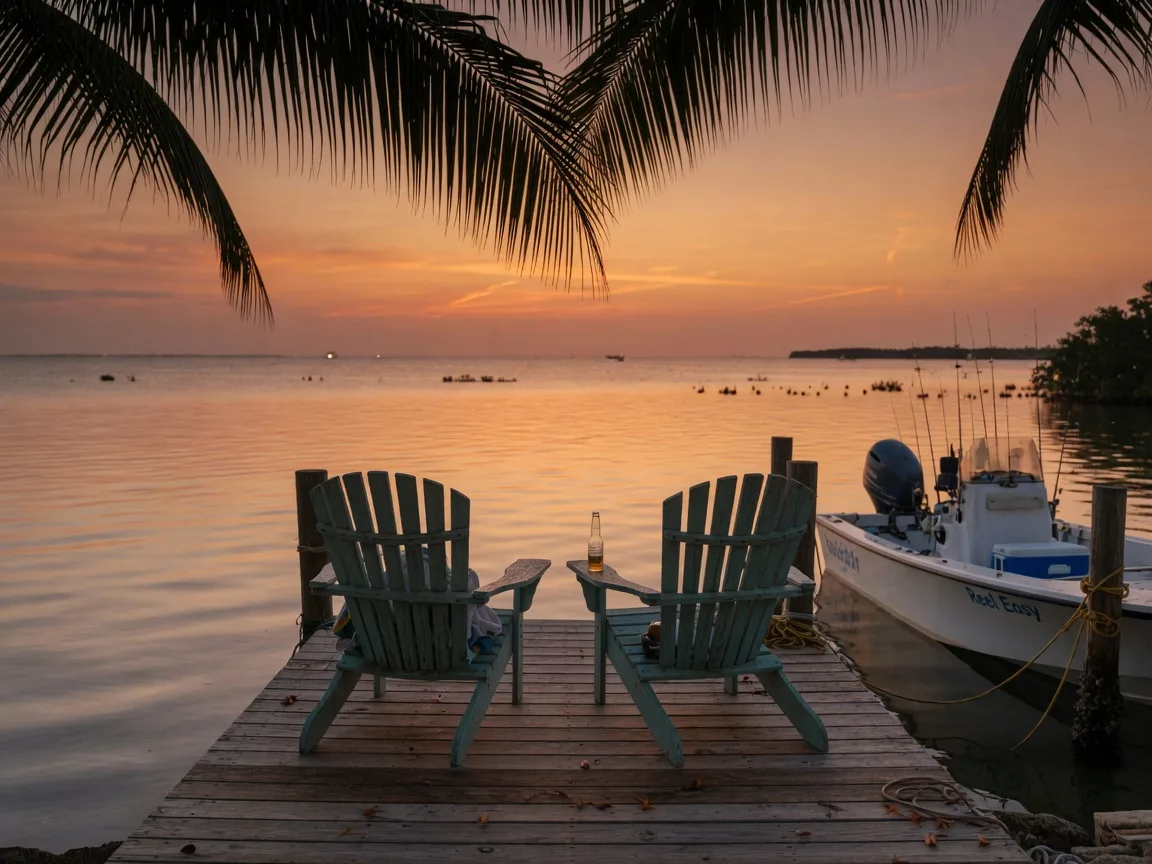 Key Largo sunset over Florida Bay from a private dock with two Adirondack chairs at the end facing open water, a moored center-console fishing boat nearby, palm fronds silhouetted against the warm orange and amber sky, calm water reflecting the sunset colors