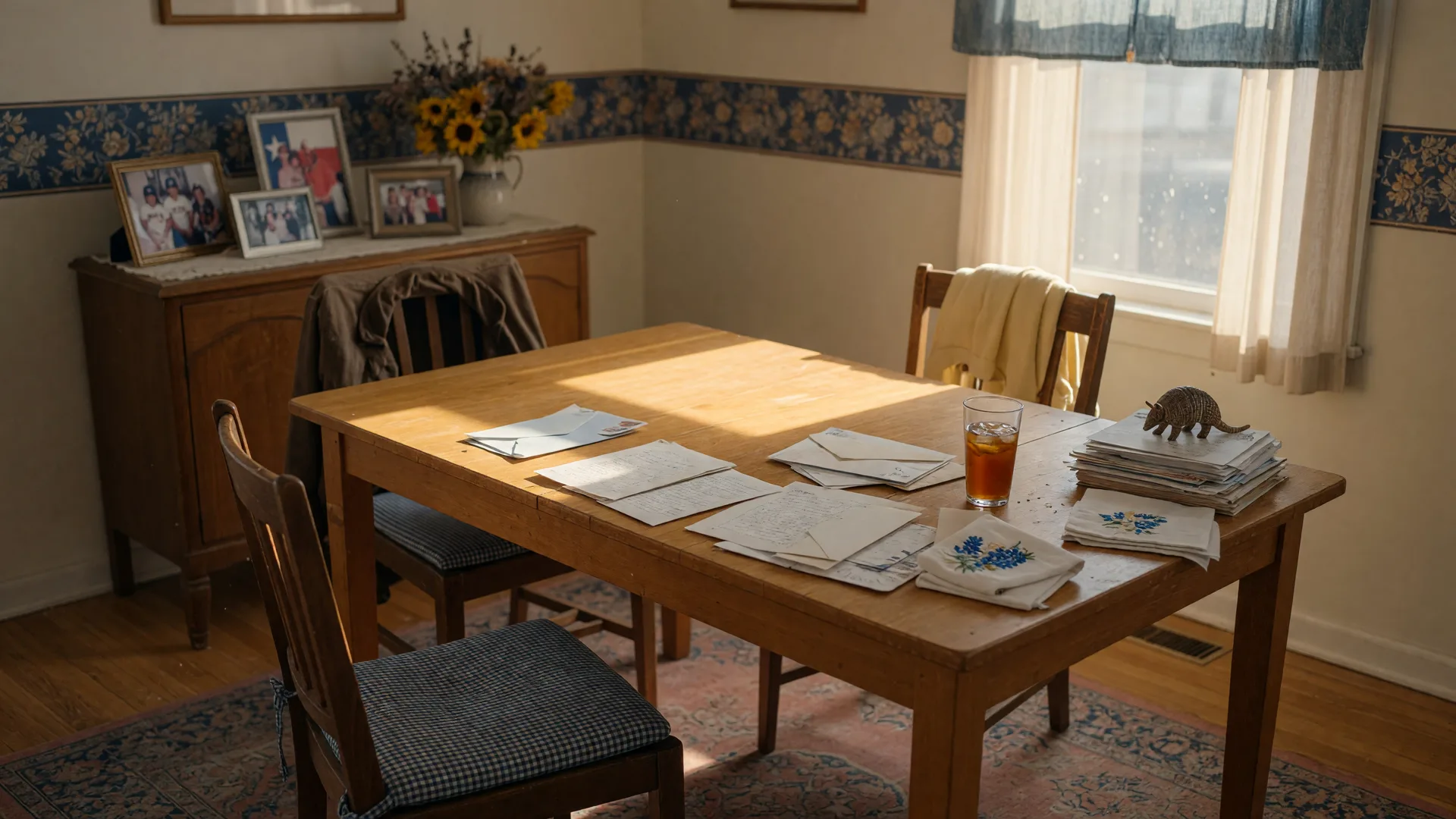 A quiet family dining room at late afternoon, a wooden table with opened letters and papers in soft window light