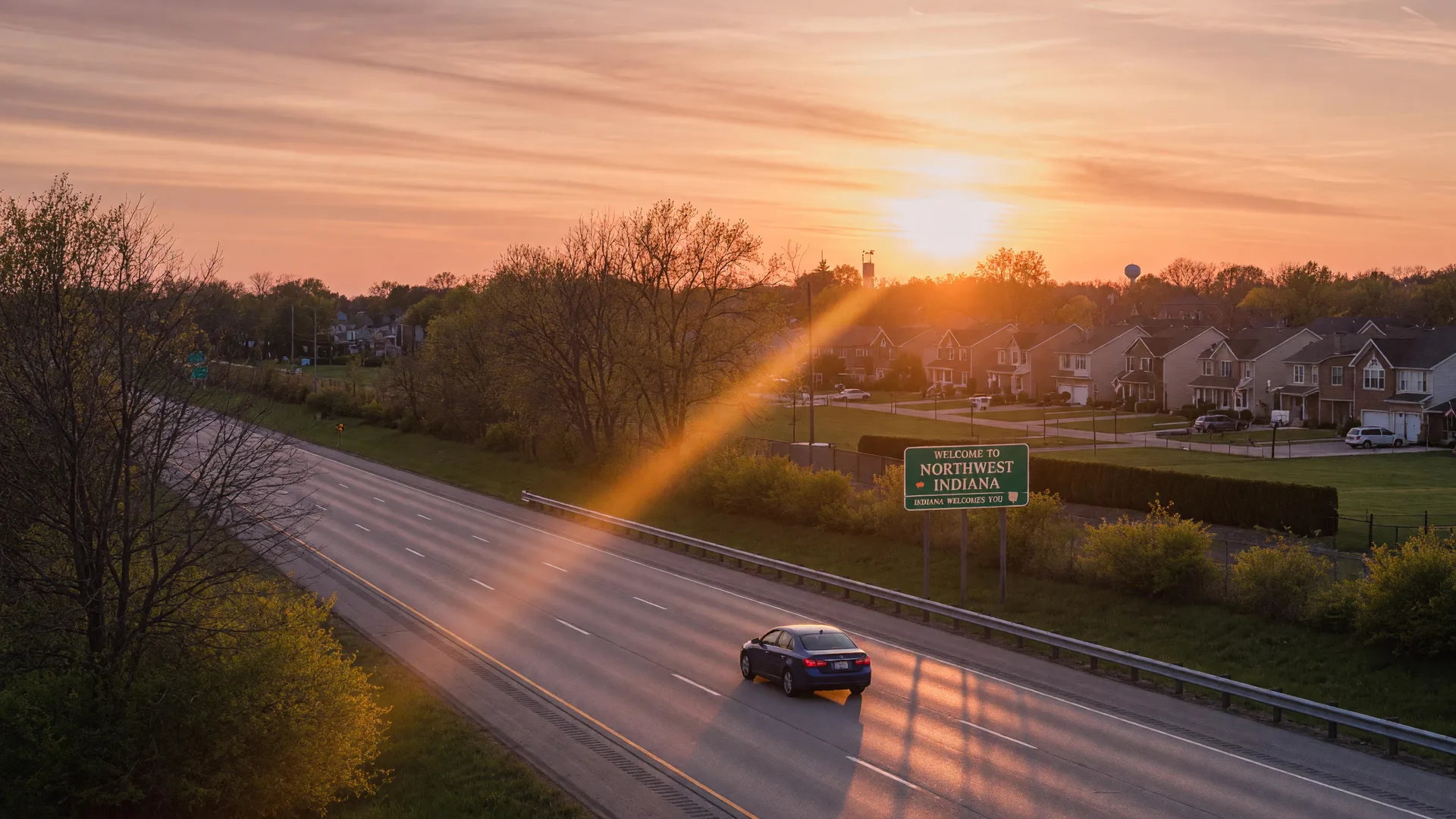 Highway at sunset near the Illinois-Indiana state line at golden hour, a car driving toward the horizon with suburban homes in the distance