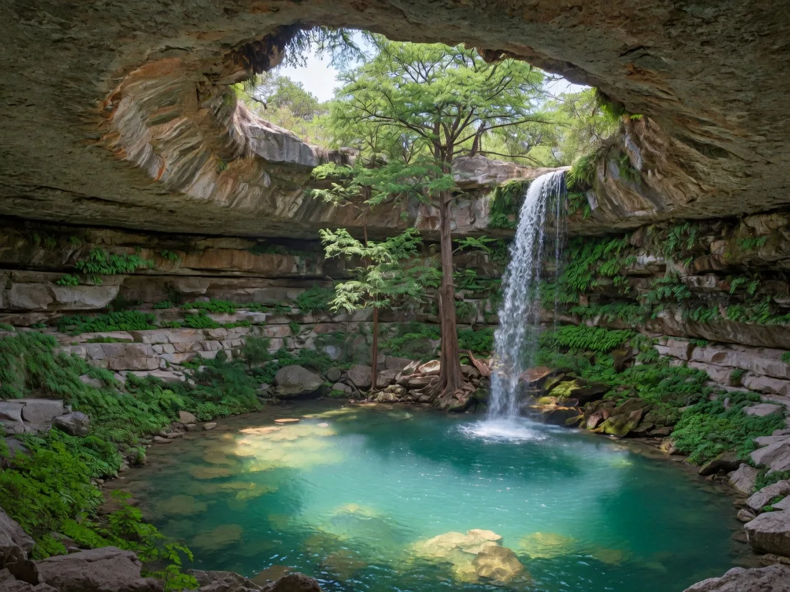 Hamilton Pool Preserve near Dripping Springs Texas showing the collapsed limestone grotto ceiling, a 50-foot waterfall cascading into a turquoise swimming hole, and ancient cypress trees clinging to the travertine walls