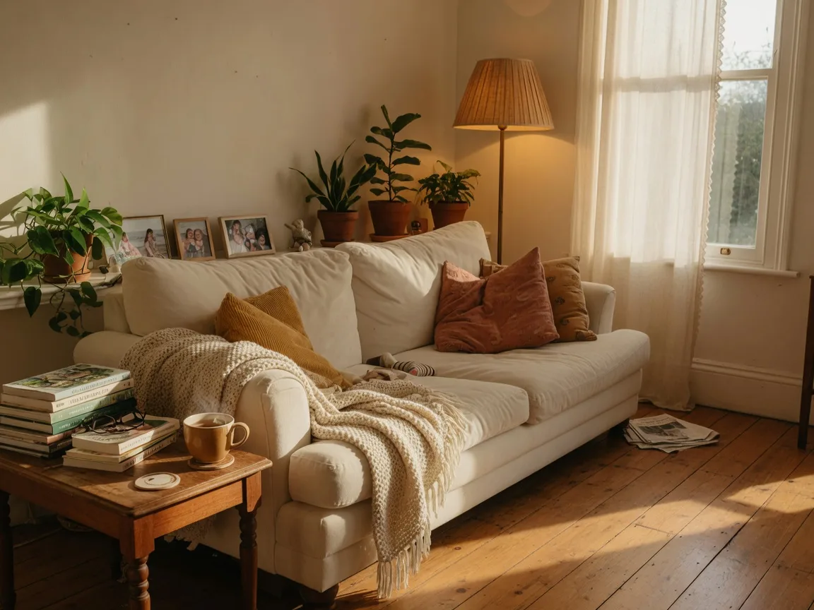 A cozy family living room bathed in warm afternoon light with soft throws and wooden accents
