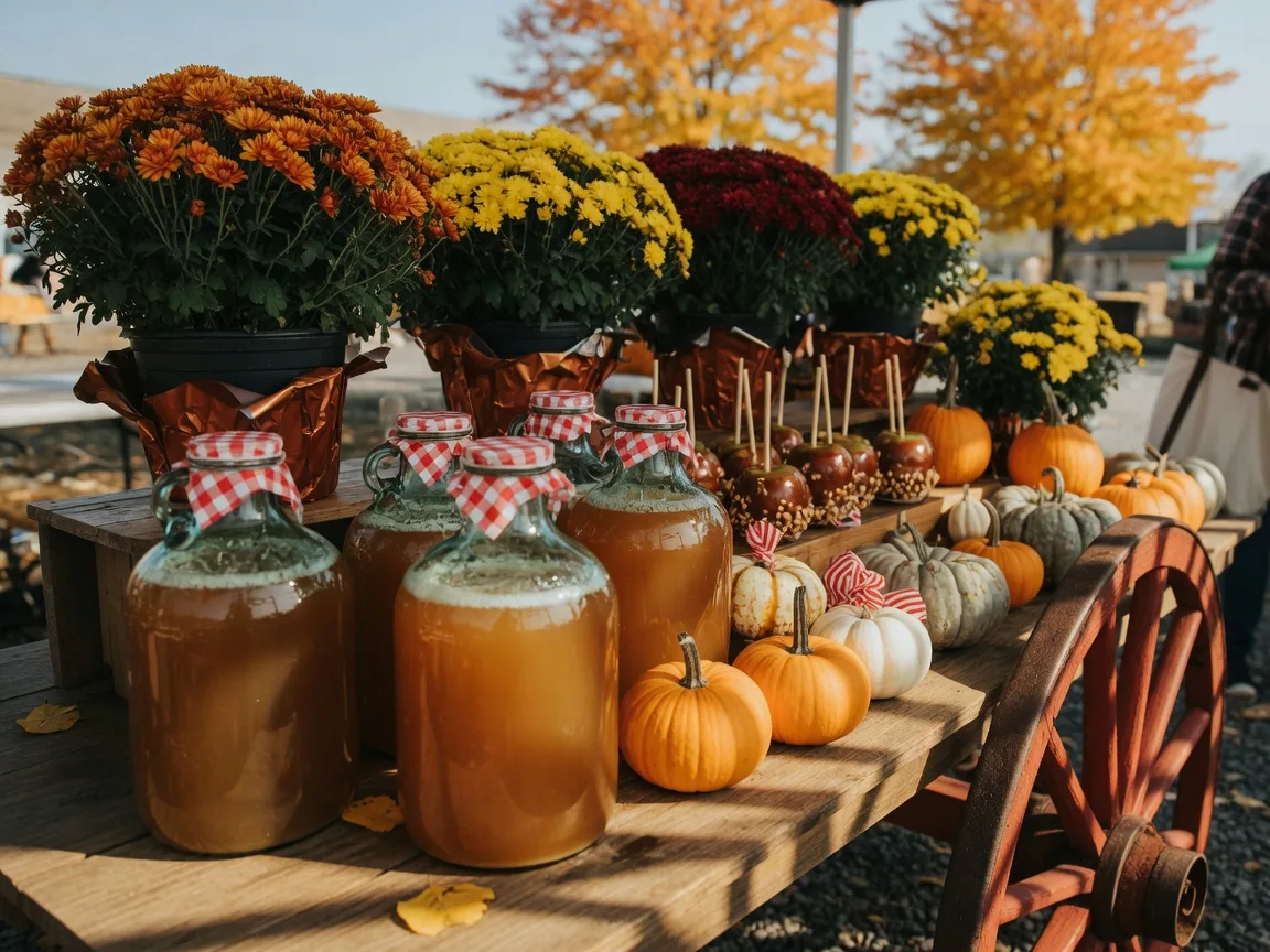 Autumn farm stand with jugs of cider, caramel apples, pumpkins, and mums at a small-town Ohio fall market in golden light