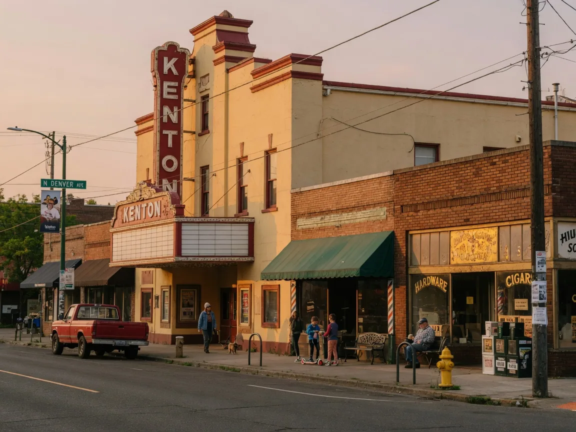 The historic Kenton Theatre marquee and vintage storefronts along N Denver Avenue in warm evening light