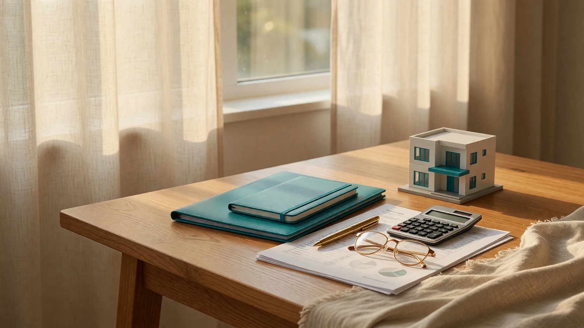 Tax documents, a teal notebook, a calculator, and a small model house arranged on a wood table in warm golden light