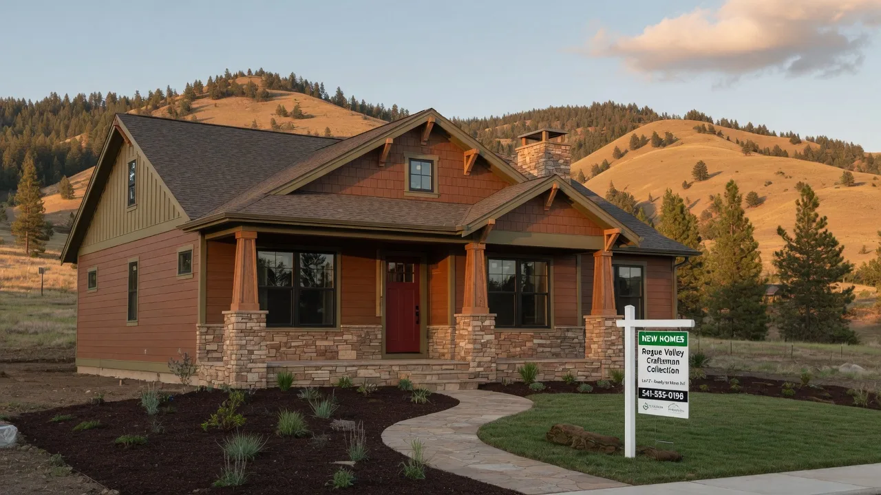 New craftsman-style construction home with covered porch in Southern Oregon with Rogue Valley hills in the distance