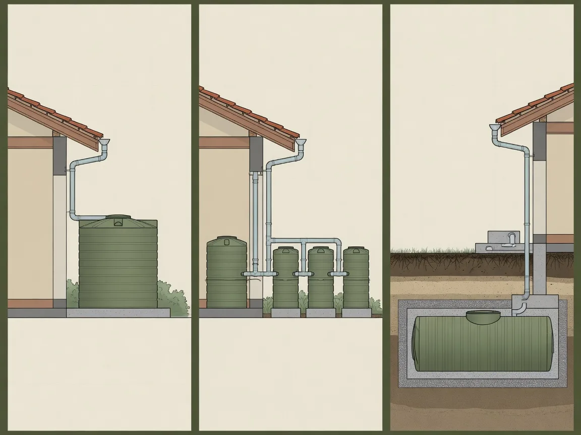 Diagram showing three rainwater tank configuration options: Single aboveground tank, linked aboveground tanks, and burial-rated underground tank. Conceptual configurations only. Underground installation requires a tank specifically rated for burial and a manufacturer-approved or engineered excavation, foundation, anchoring, backfill and groundwater-control design.