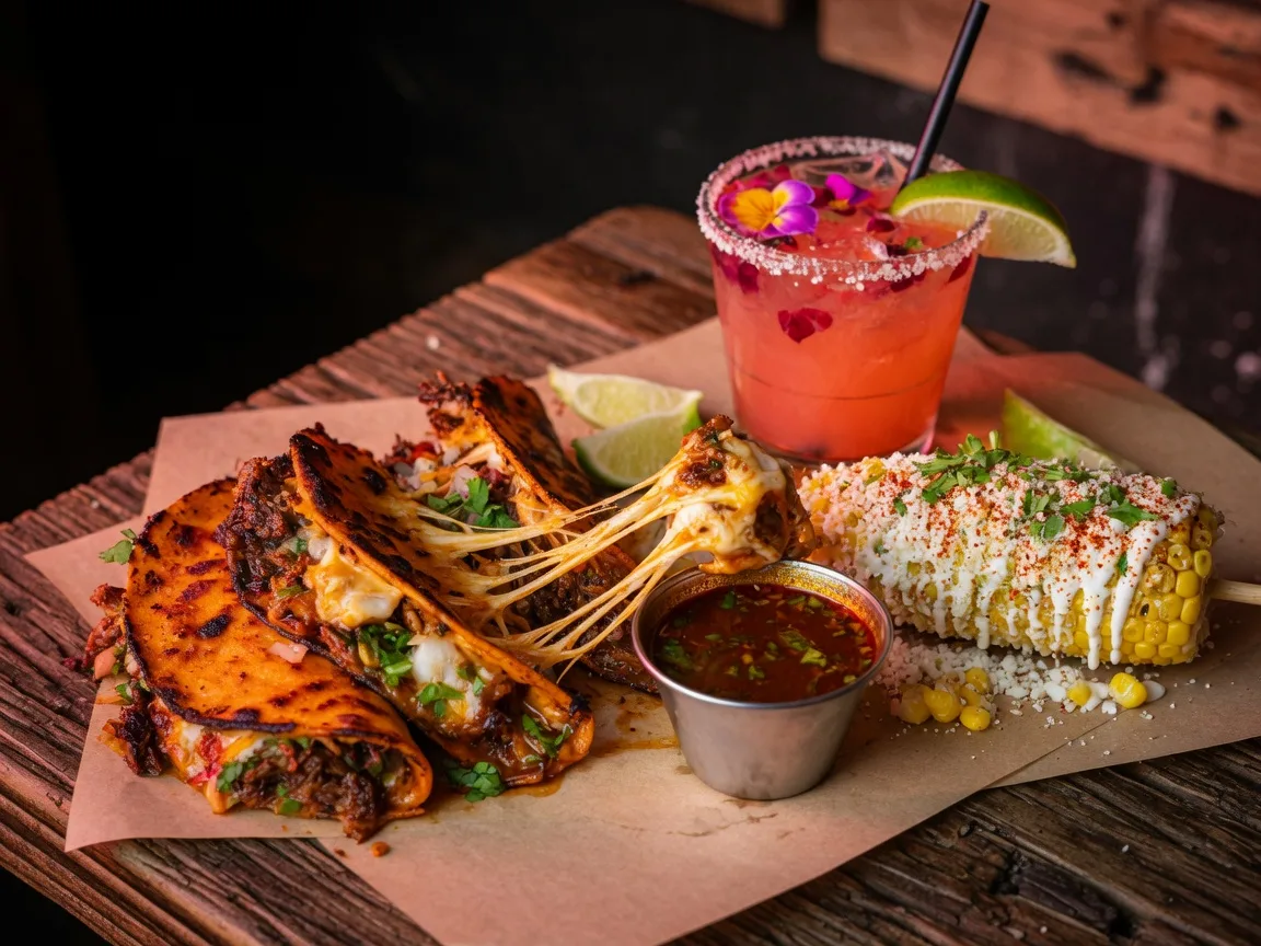 Quesabirria tacos with consommé, street corn, and a margarita at Off The Rails Mexican Cantina in Buford Georgia