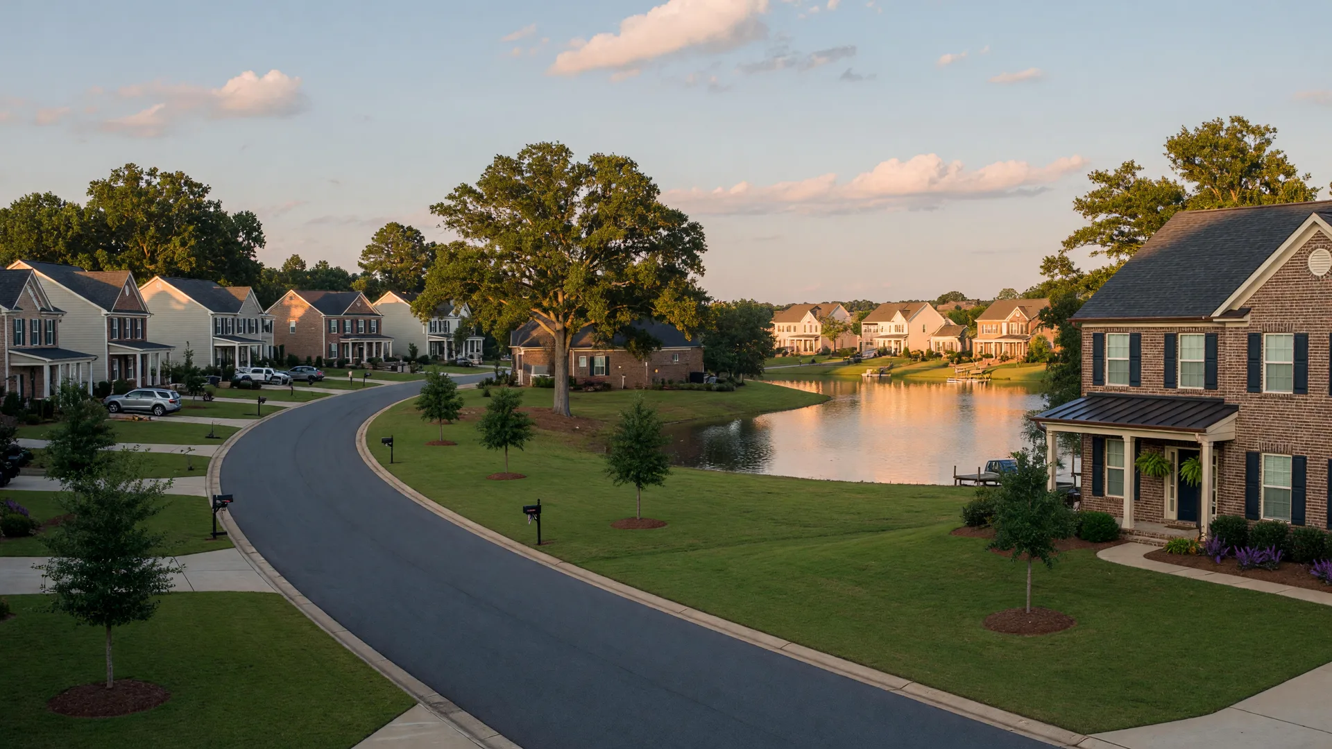 Newer brick and siding homes along a tree-lined street in the Shenandoah community of Newnan Georgia