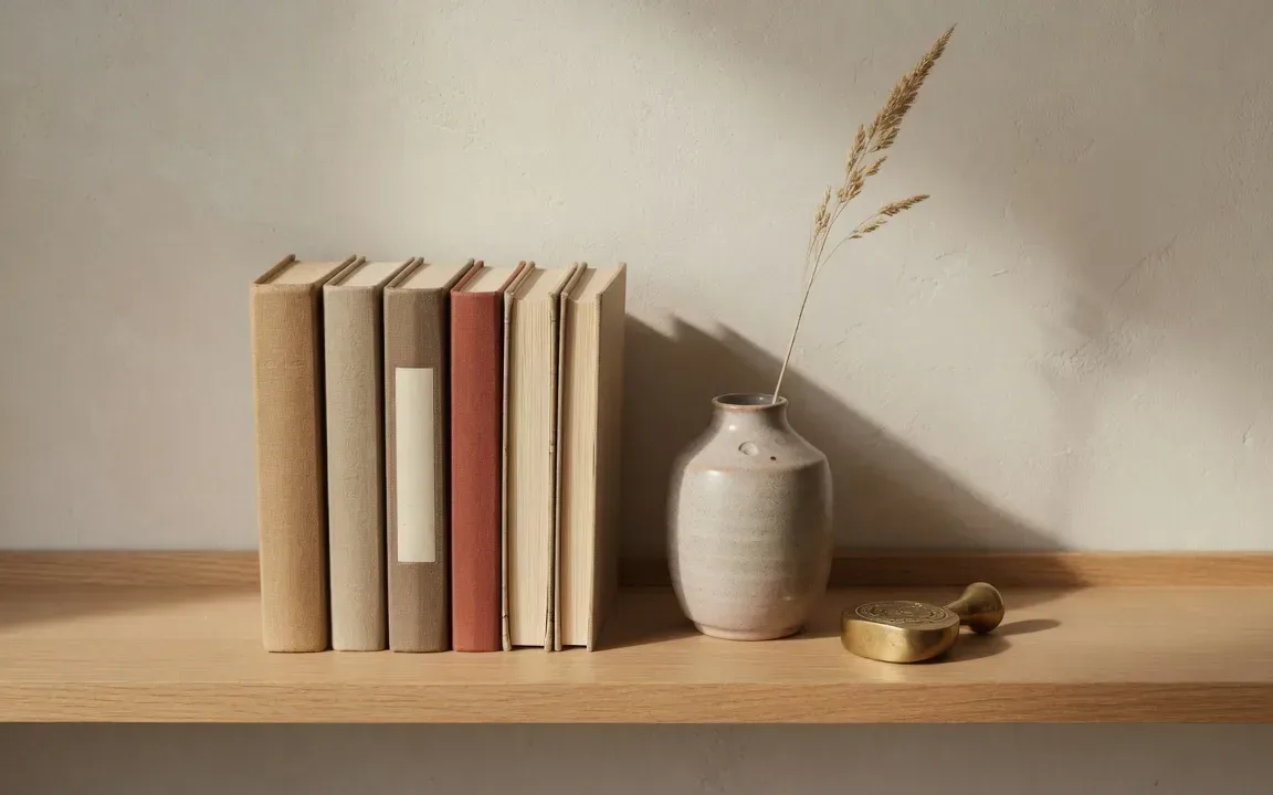 An orderly shelf with a neat row of books, a ceramic vase with dried grass, and a small brass object in soft window light