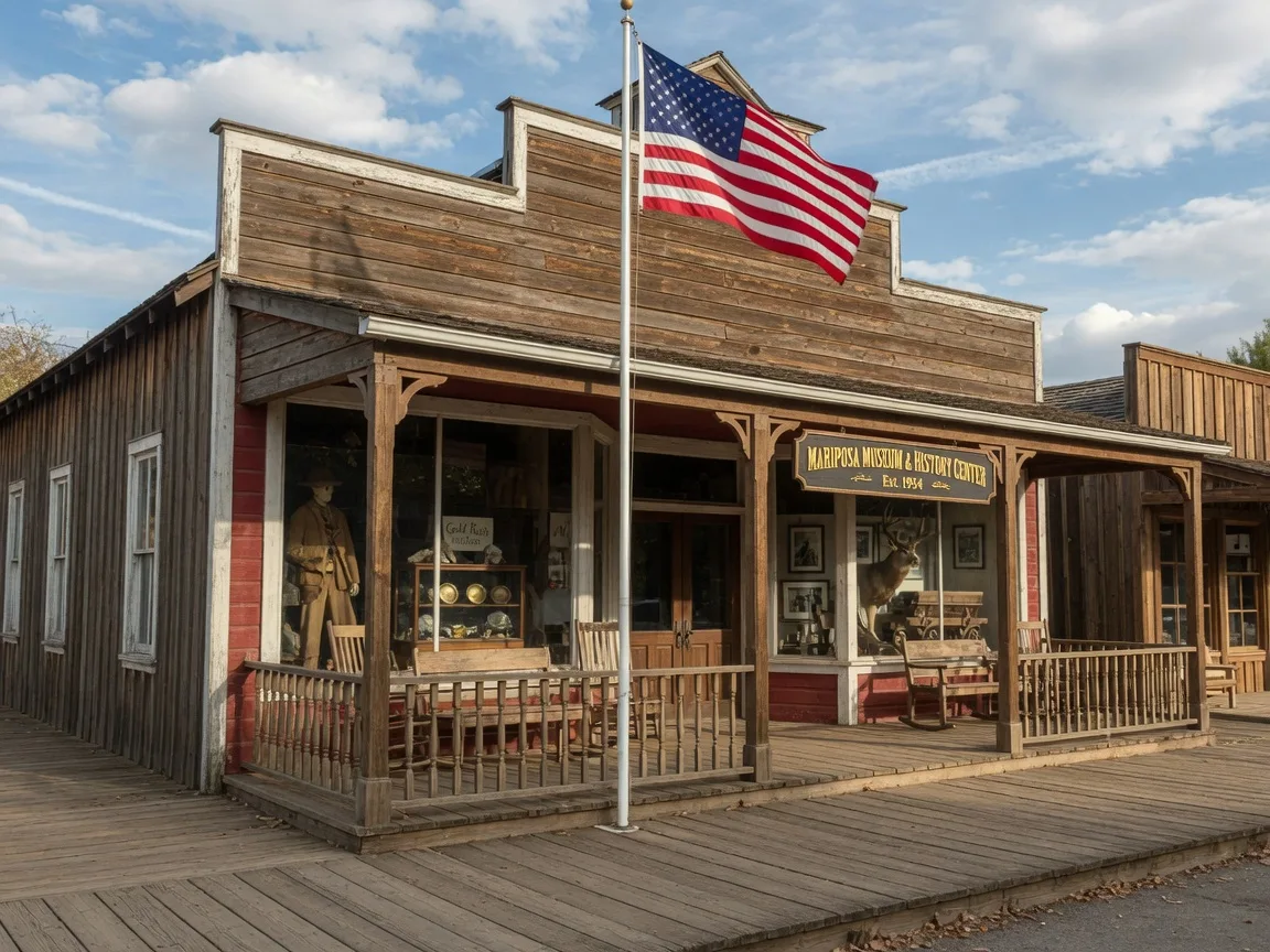 Historic Mariposa Museum and History Center exterior featuring a Gold Rush-era wooden building with a boardwalk, American flag flying, and exhibits visible through the front windows on a sunny afternoon