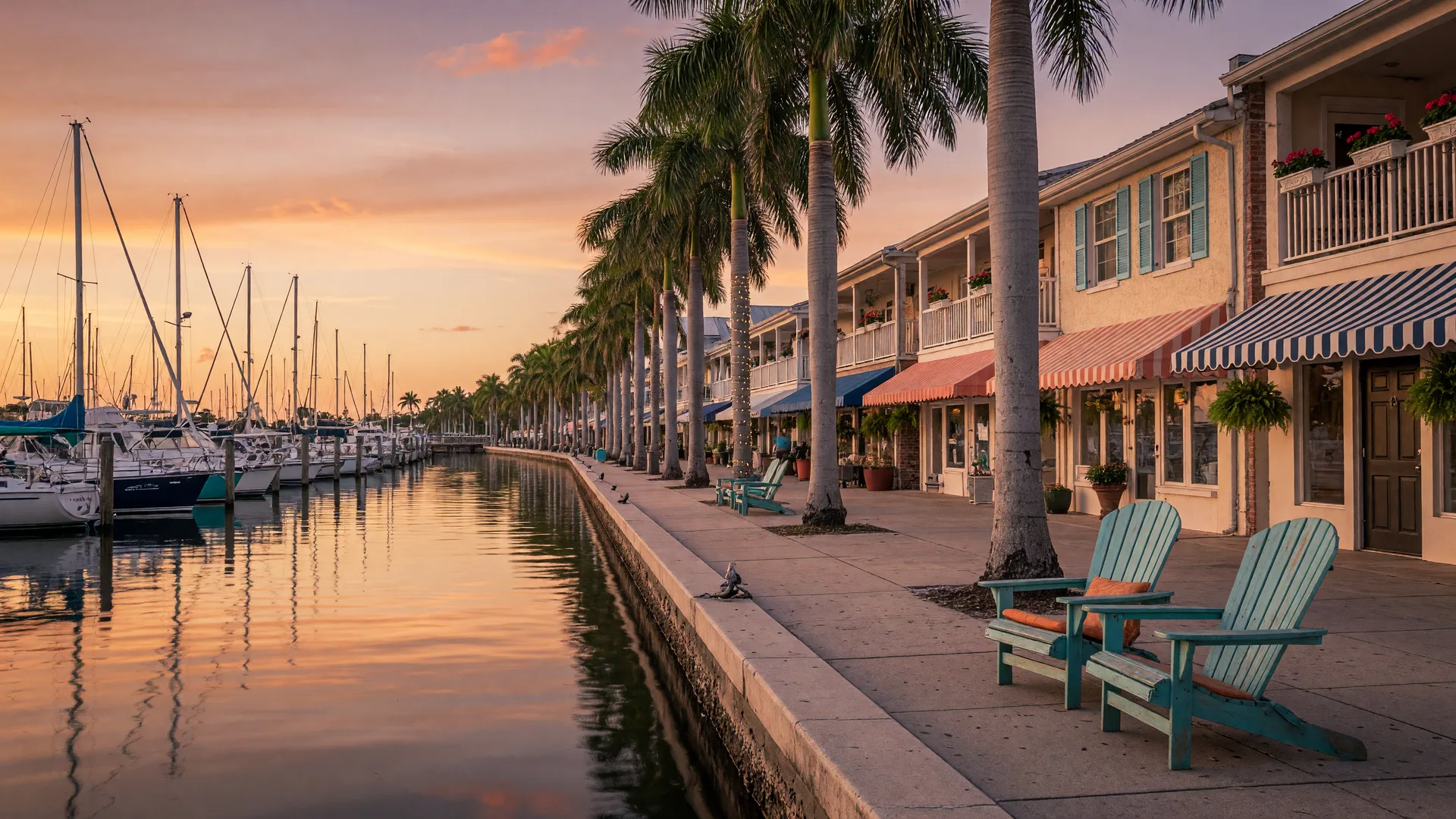The Stuart Riverwalk at golden hour, with royal palms, sailboats at the marina, and shops along the St. Lucie River