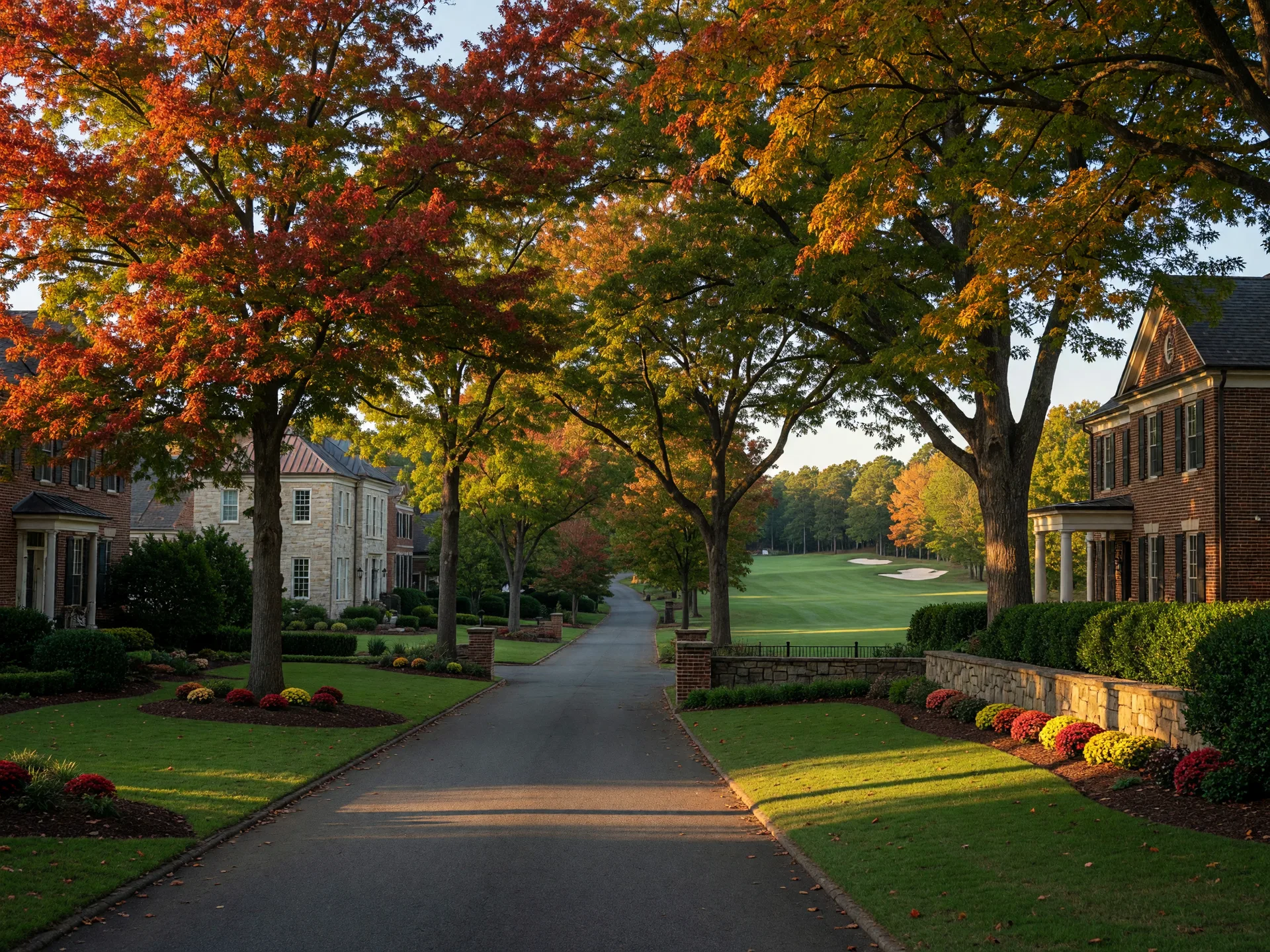 Tree-lined lane in an upscale Georgia gated golf community with autumn canopy of red, orange, and gold leaves and stone estate homes