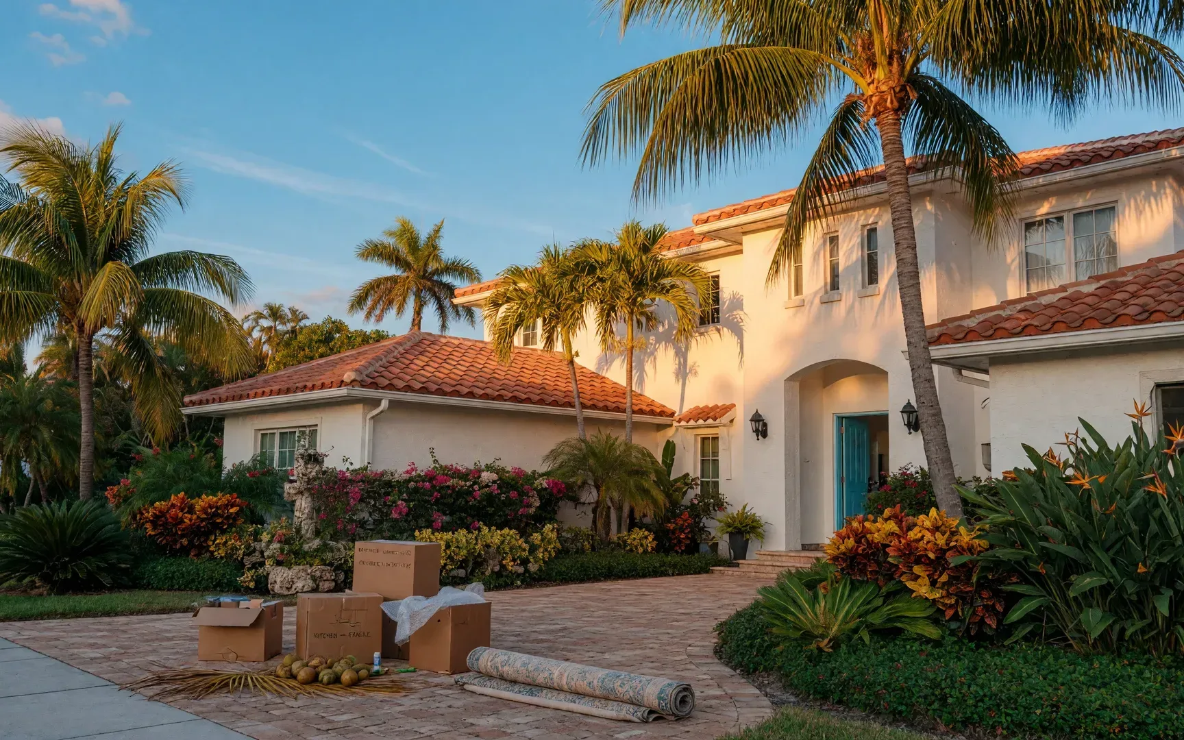 A sunlit Mediterranean-style Boca Raton home with moving boxes on the stone driveway beneath tall coconut palms at golden hour