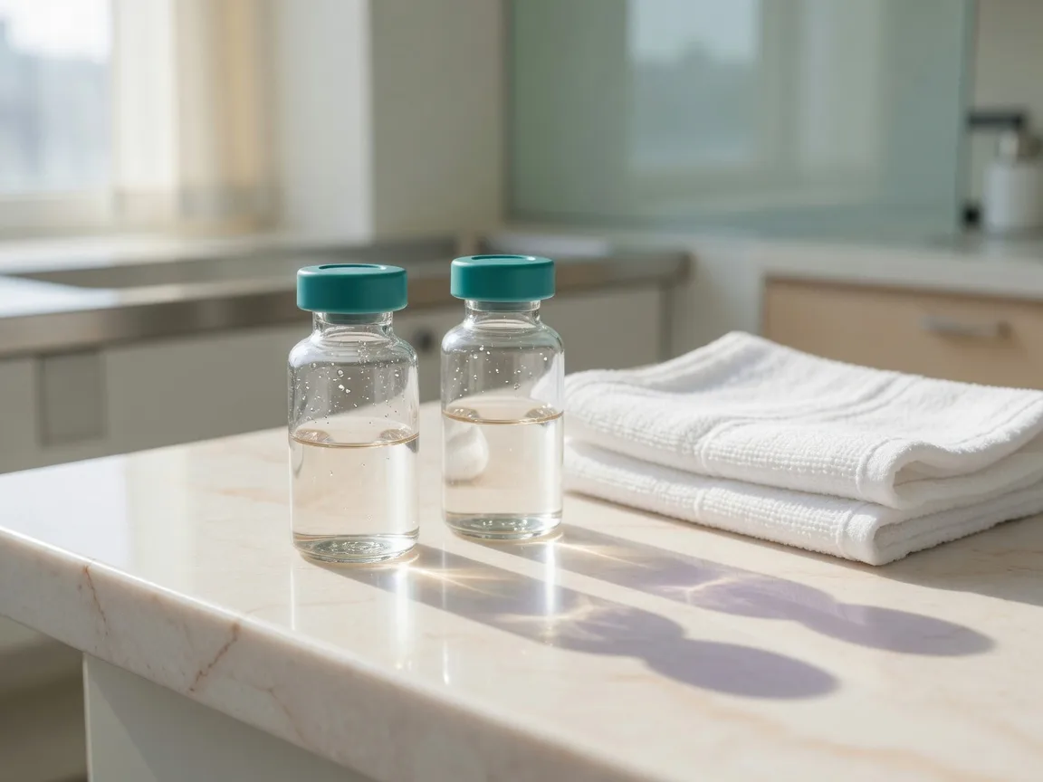 Clean glass vials on a bright clinic counter in soft morning light