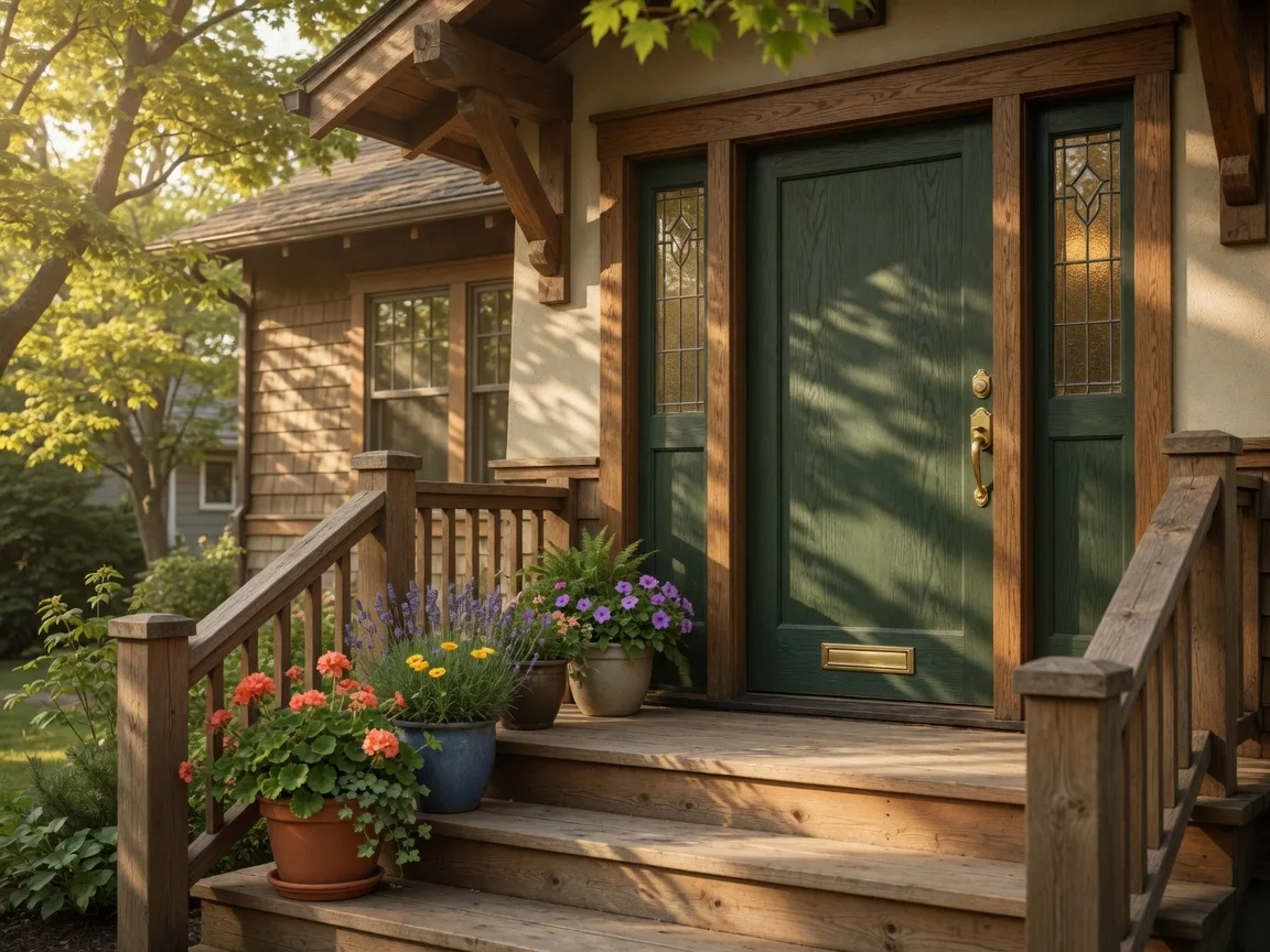 Warm front door of a craftsman-style home with potted plants on the porch.
