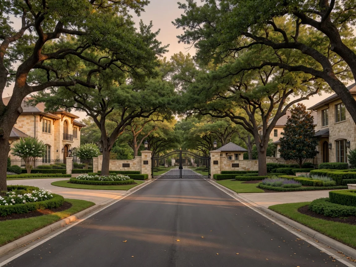 Tree-lined boulevard with mature oaks arching over manicured streets and stone estate homes. Illustrative image; not a photograph of The Dominion.