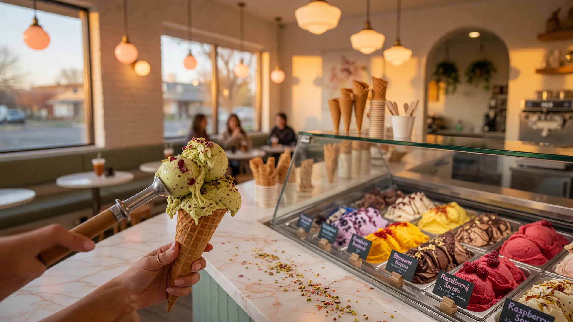 A scoop of gourmet ice cream being placed into a waffle cone at a bright artisan ice cream counter
