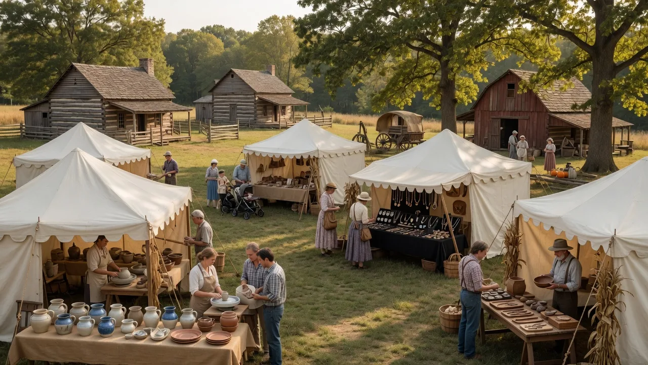 Historic outdoor craft festival with white artisan tents spread across a green field with log cabins in the background