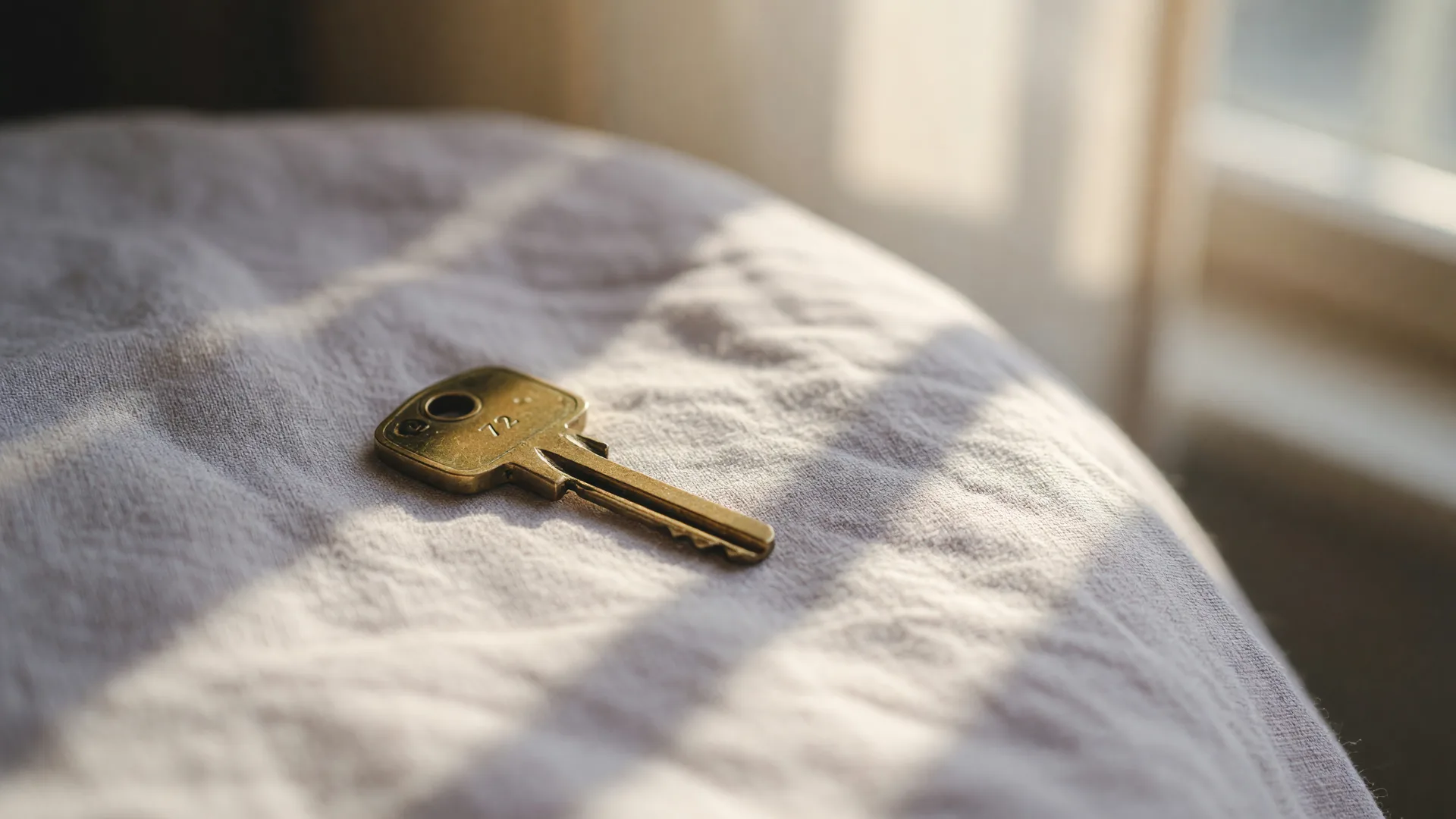 A brass house key resting on pale linen in soft morning light