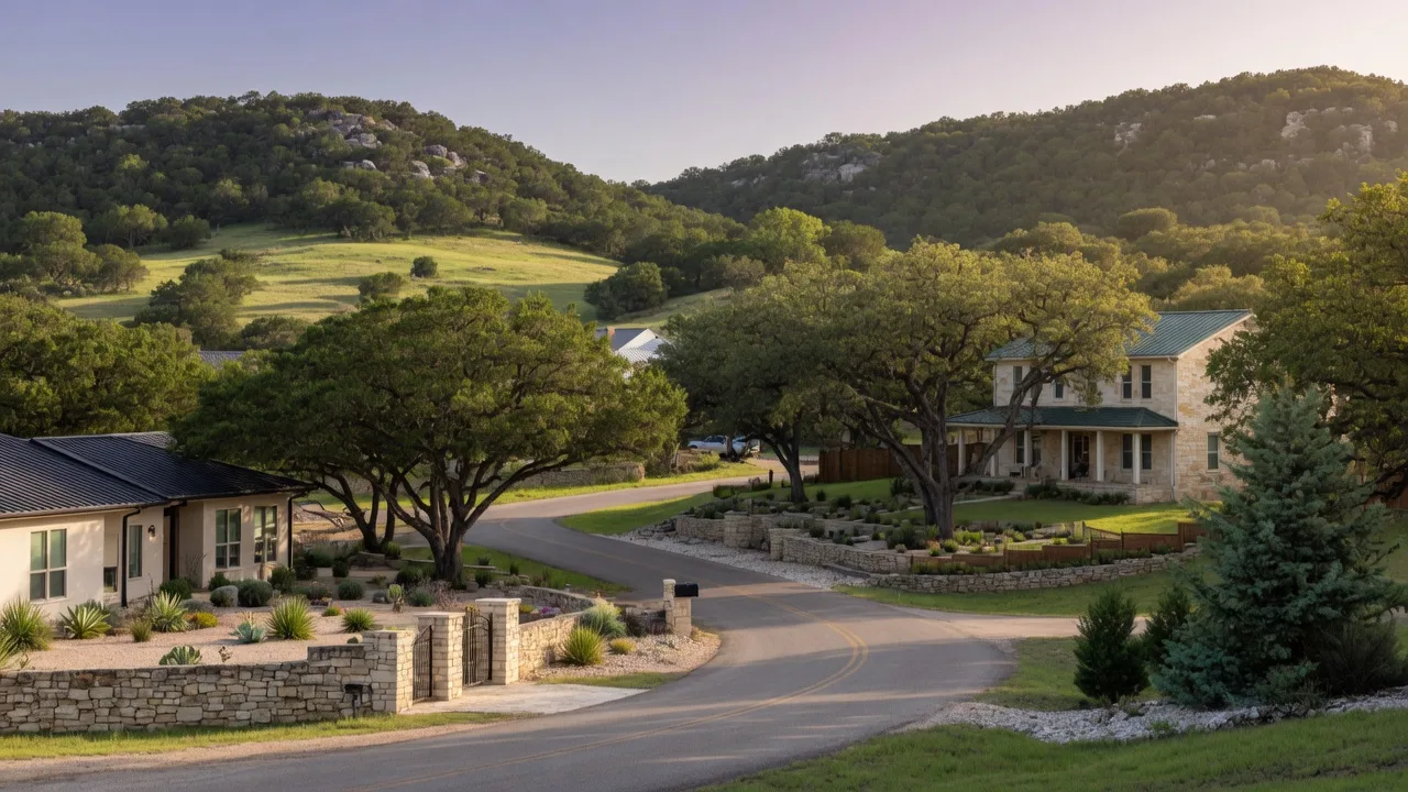 Scenic Hill Country neighborhood in Boerne Texas with live oaks and winding roads