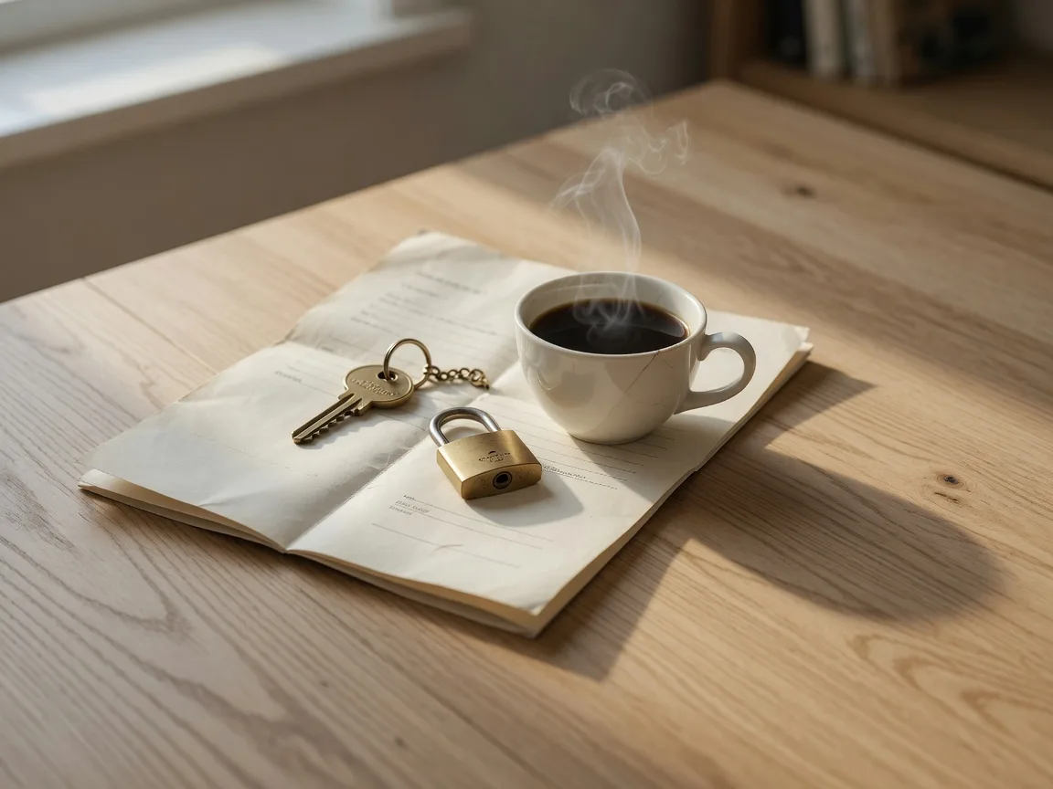 A brass house key and padlock resting on a folded contract beside a cup of coffee
