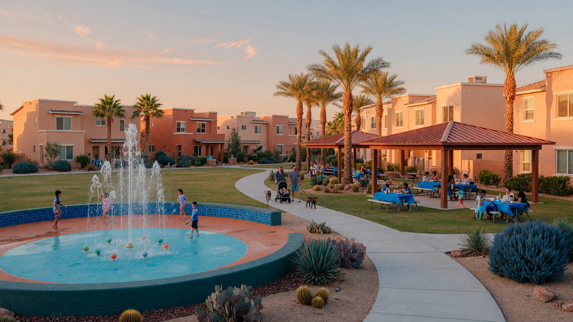 A splash pad and shaded ramada in a family park in a desert master-planned community, representative illustrative imagery