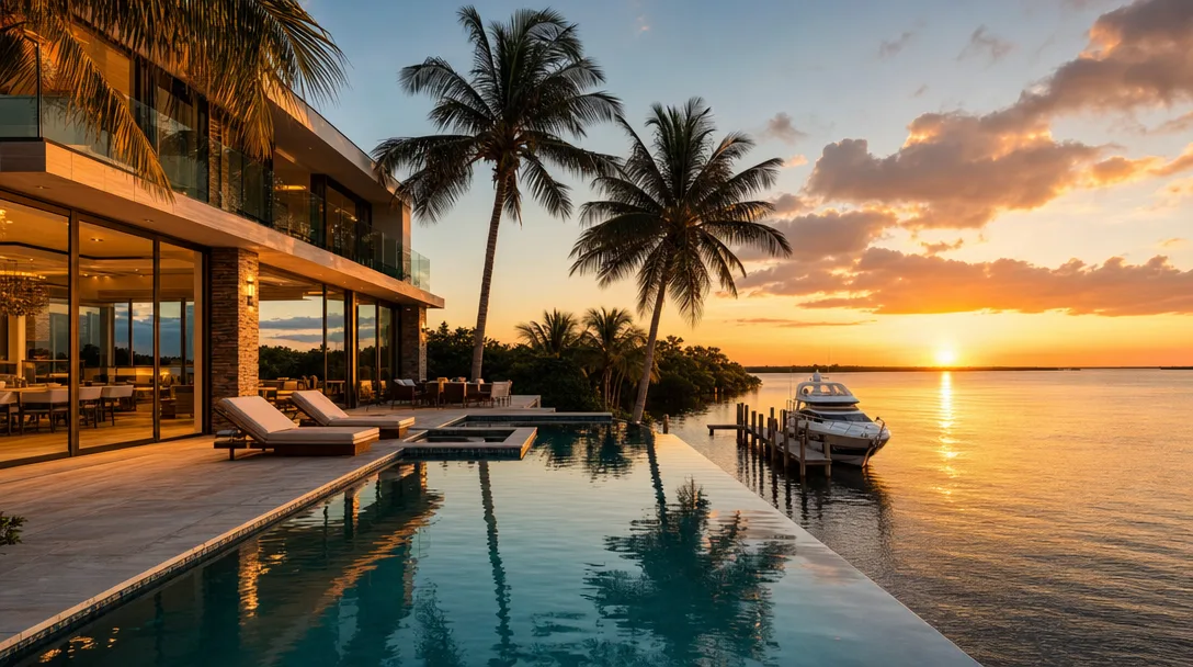 Key Largo luxury bayfront estate at golden hour with infinity pool and private dock