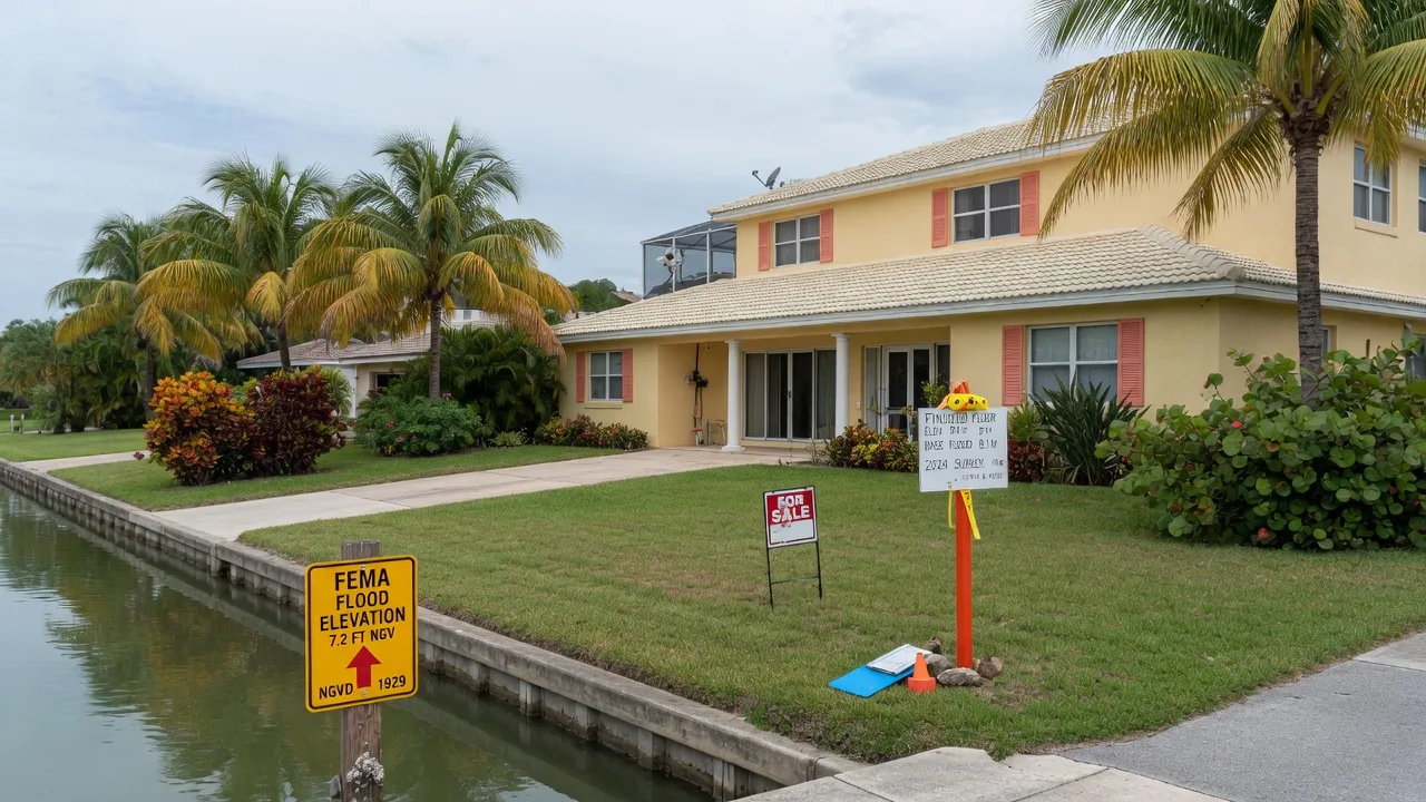 Florida waterfront home with a flood elevation marker