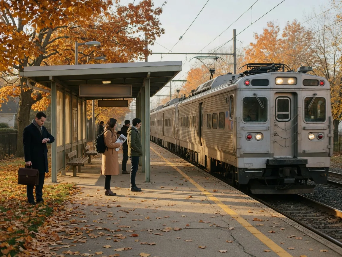 A SEPTA Regional Rail train arriving at a small suburban station platform on a bright autumn morning, a few commuters waiting near the platform edge with golden leaves on the ground