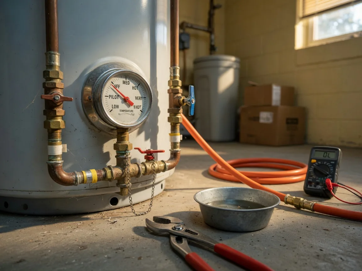 Close-up of a residential water heater temperature dial and supply pipes with a repair tool and flush hose in the foreground