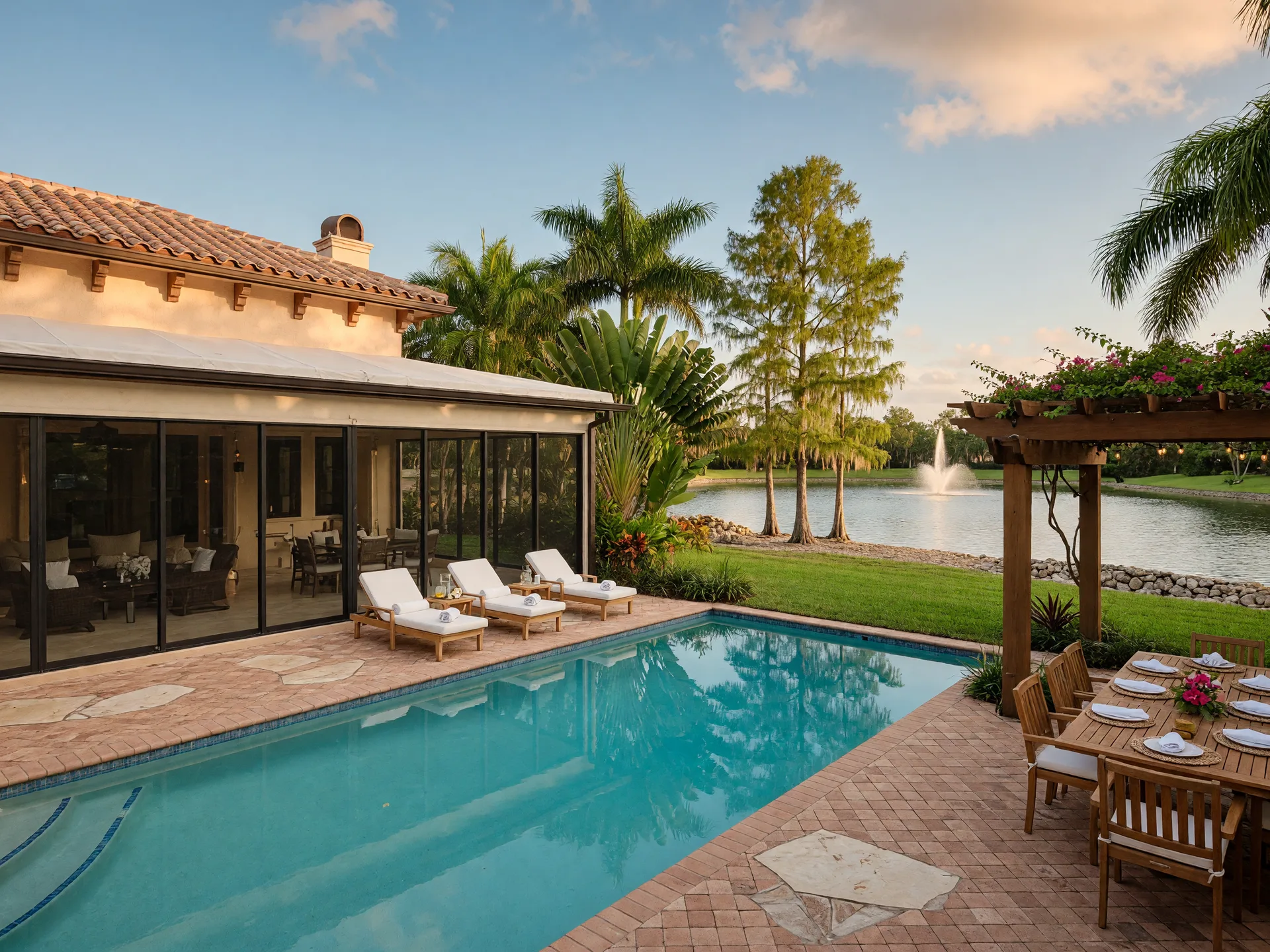 Private pool and patio at 16740 Strasbourg Lane overlooking the lake in Seven Bridges