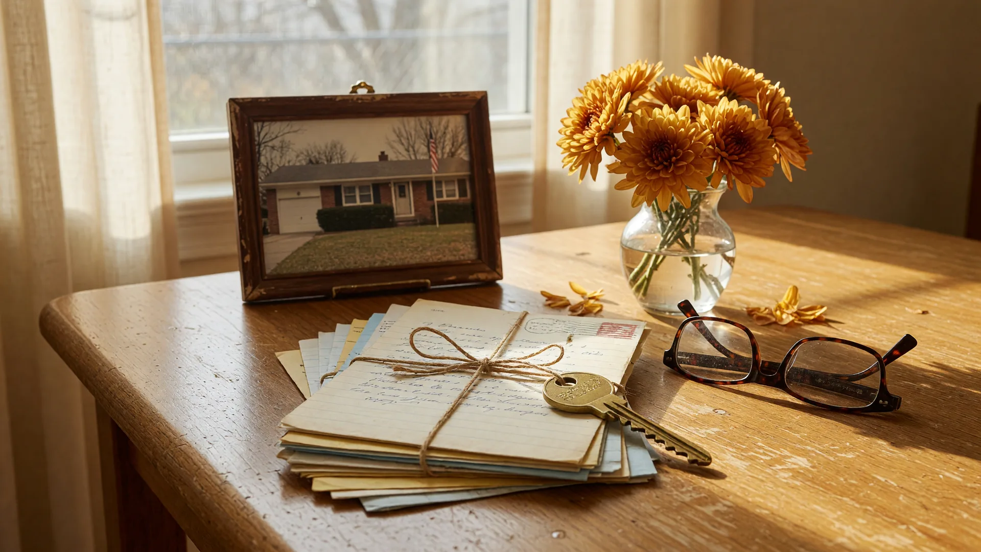 A warm still-life photograph of a brass house key resting on handwritten letters tied with twine beside a framed photo of a brick ranch home, reading glasses, and golden chrysanthemums