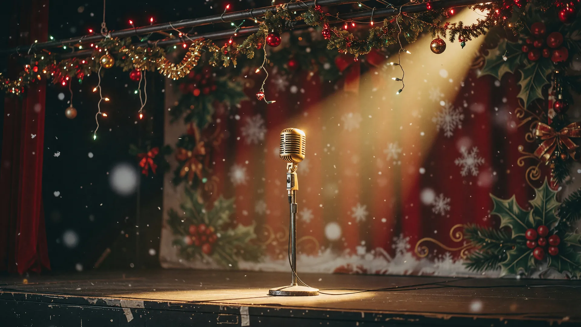 A festive Christmas tribute show stage with a golden vintage microphone on a chrome stand, holiday string lights and garlands, and warm spotlight glow