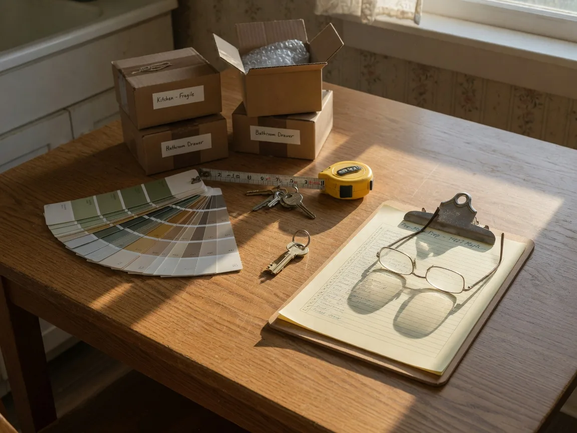 A brass house key, a clipboard with a home preparation checklist, a paint swatch fan, a measuring tape, and reading glasses on a sunlit kitchen table