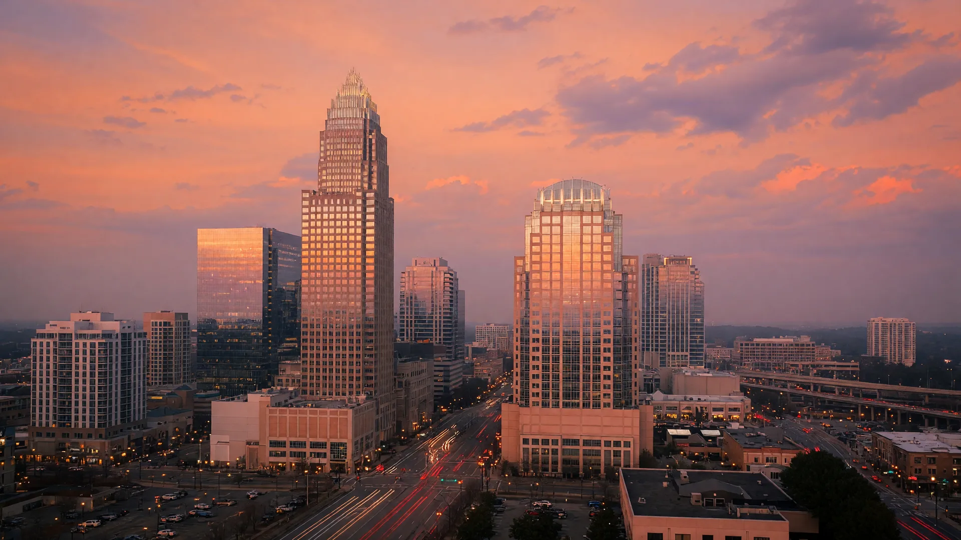 Uptown Charlotte skyline glowing at golden hour