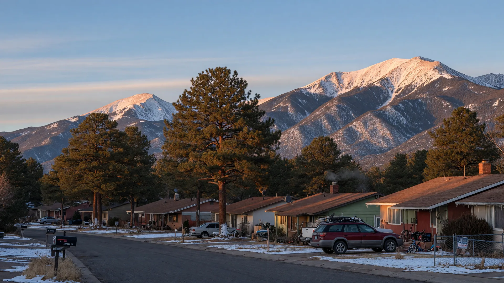 Family homes among ponderosa pines in a Flagstaff neighborhood with the San Francisco Peaks in the distance at golden hour