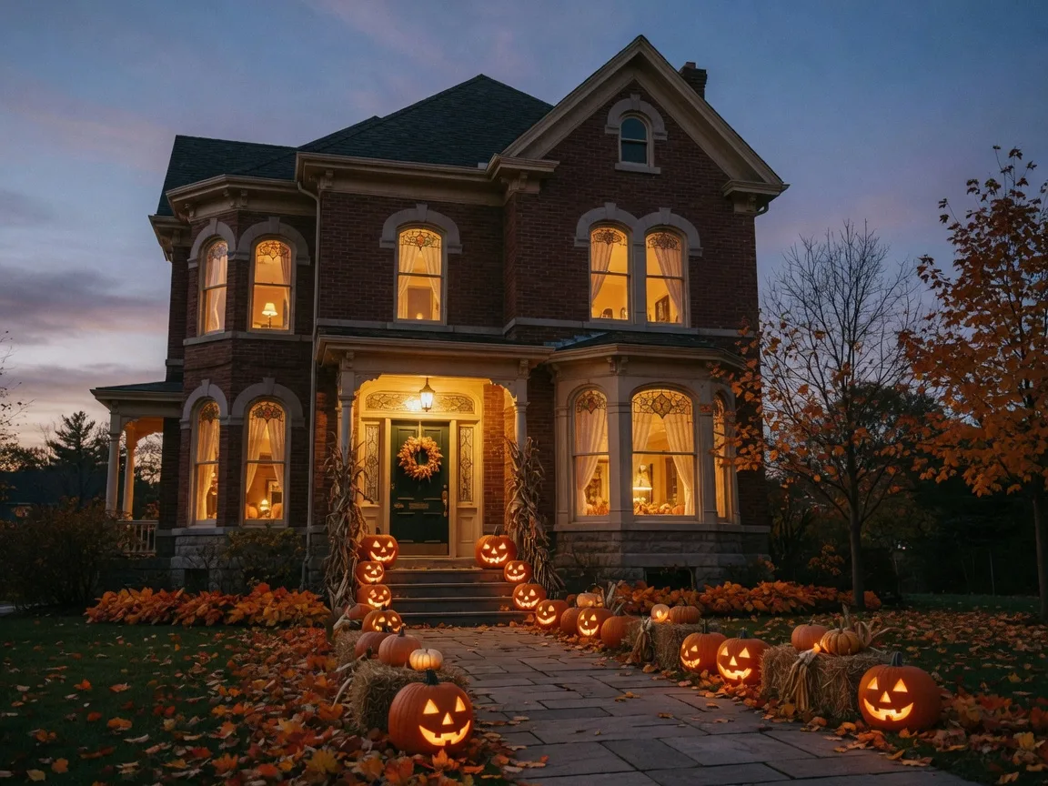 Victorian heritage house at the Oshawa Museum lit with pumpkins and hay bales on a late October evening