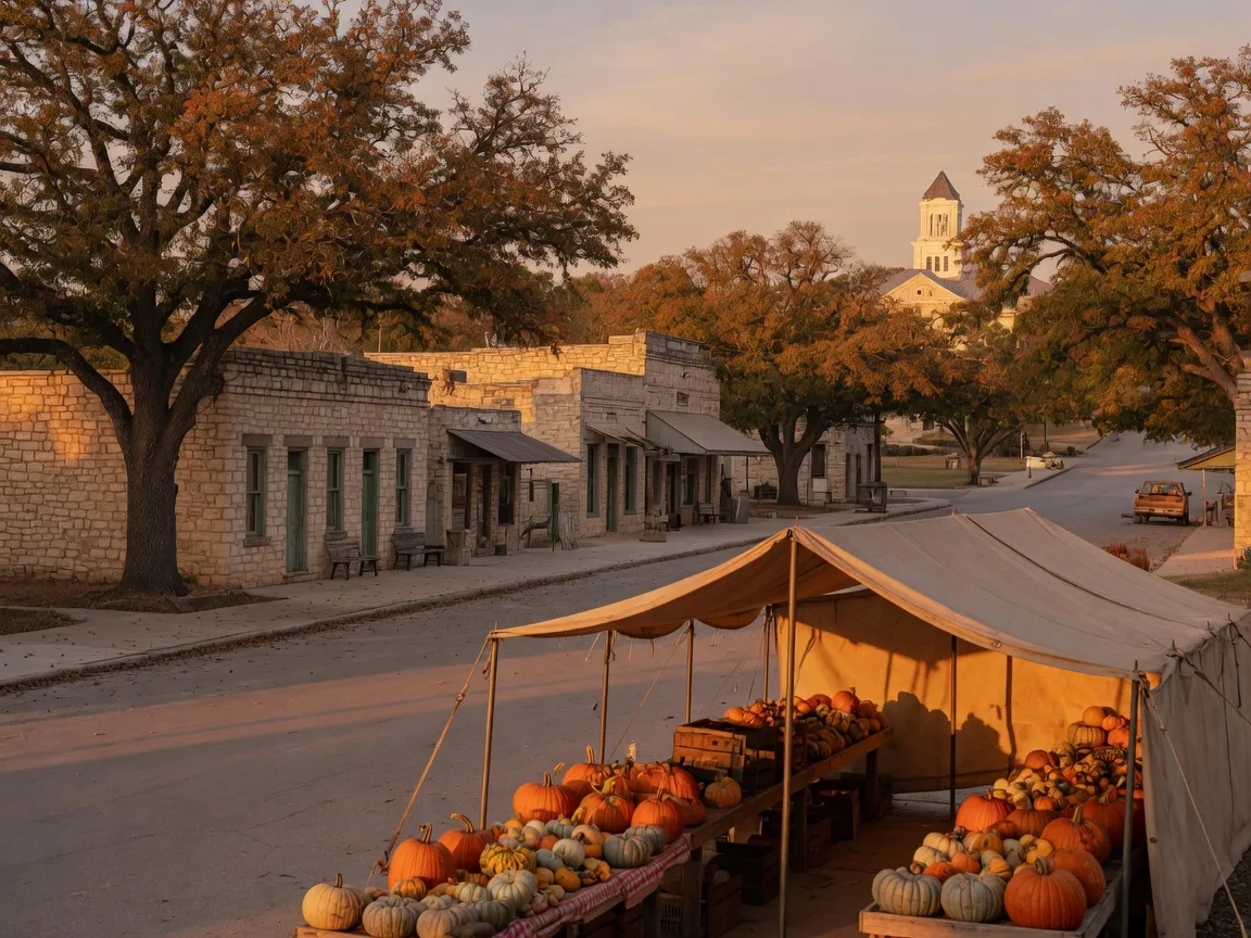 Historic limestone Main Street in a small Texas Hill Country town with season-turning oak trees and a farmers market stand of pumpkins at golden hour