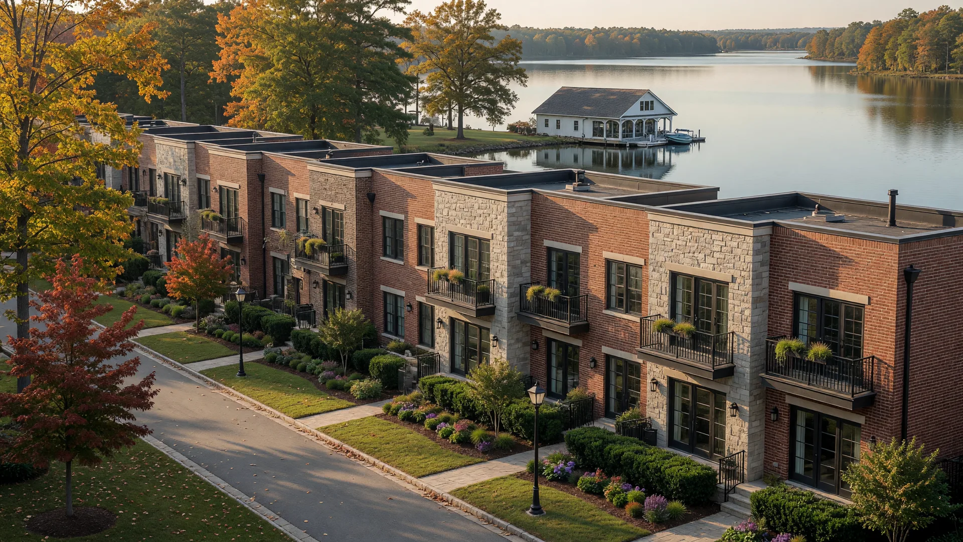 A row of upscale three-story brick and stone townhomes along a tree-lined path