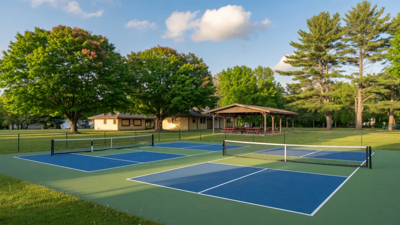Outdoor pickleball courts in a northern Minnesota town park on a bright summer morning