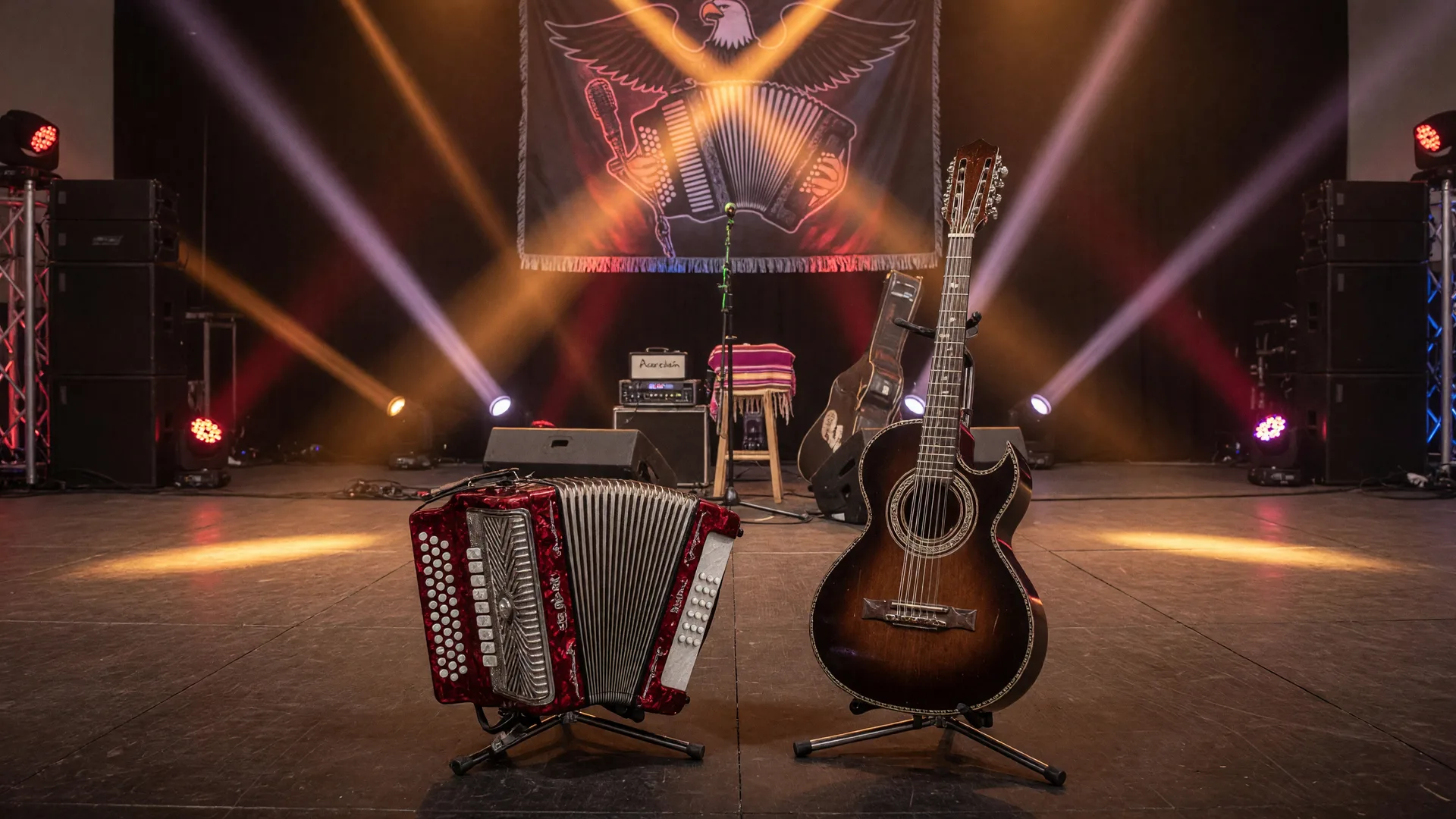 A concert hall stage set for a norteño show with a button accordion and bajo sexto on stands under warm amber stage lights