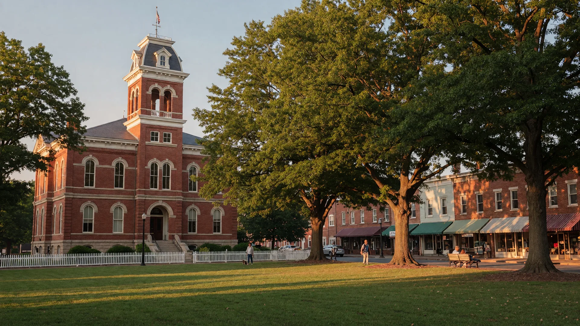The historic brick courthouse on the tree-shaded green in Upper Marlboro, Maryland in late-afternoon light