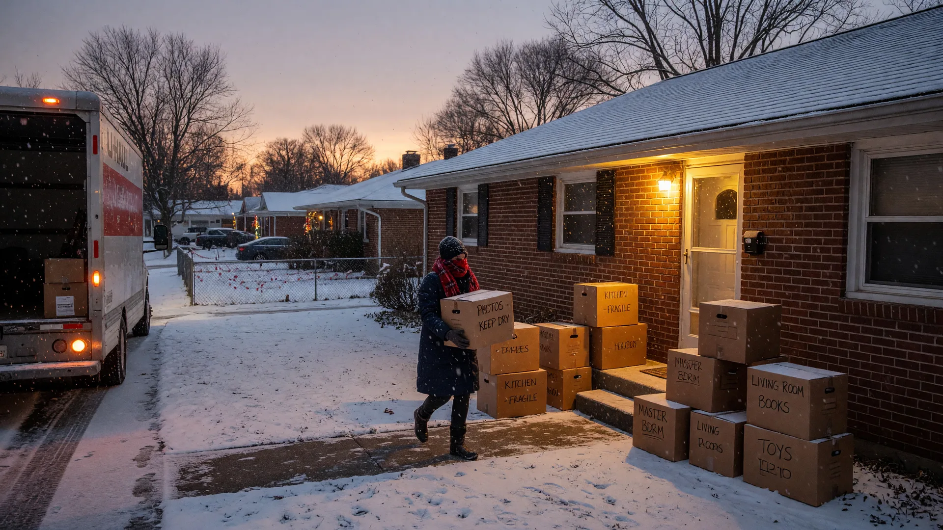 A warm photograph of a winter moving day at a brick ranch home in a Northwest Indiana suburb, with labeled cardboard boxes stacked on the cleared front walk, a warm porch light glowing, a moving truck at the curb under soft falling snow, and a family member in a scarf carrying a box toward the door